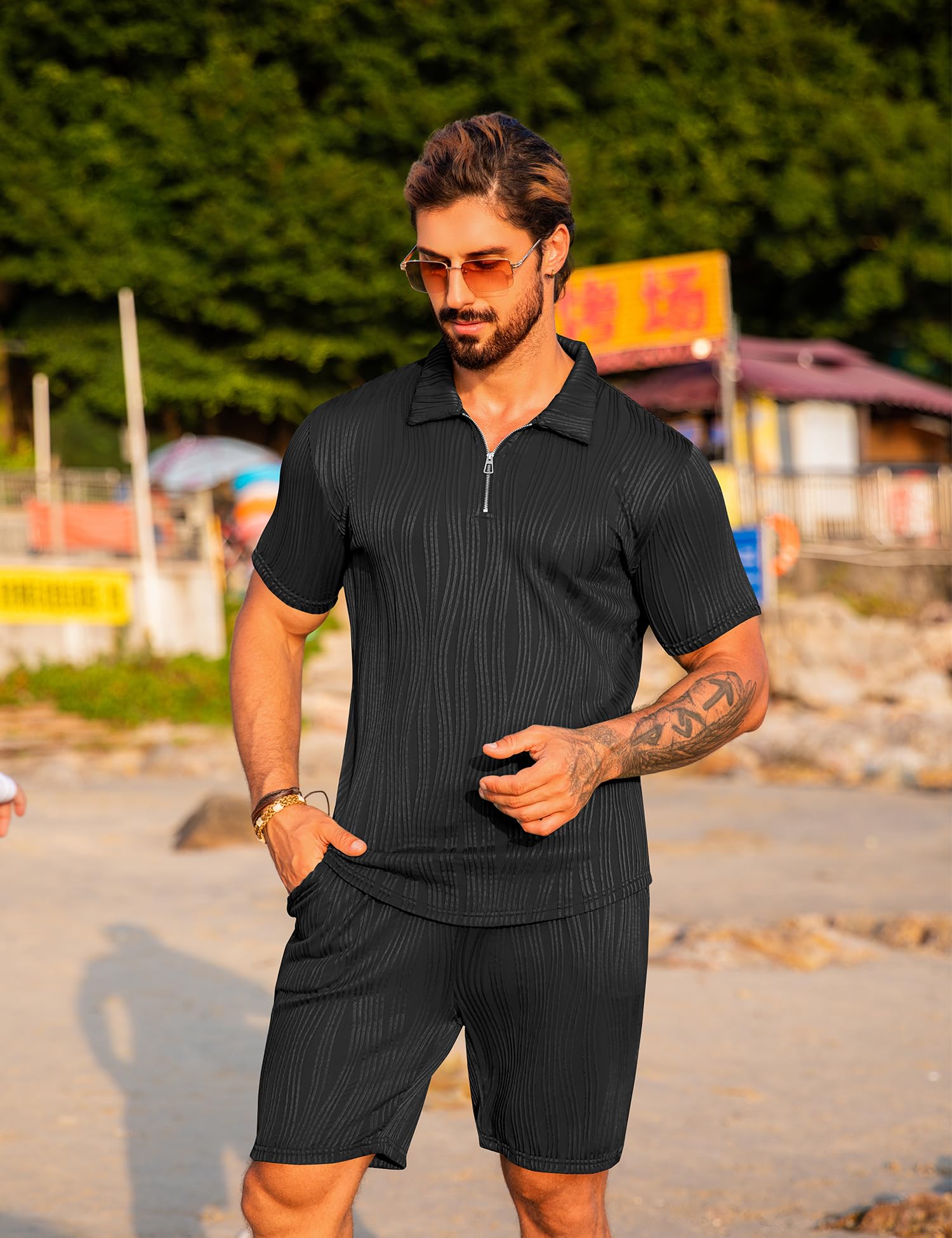 URRU Completo estivo da uomo, 2 pezzi, alla moda, casual, a maniche corte, polo e pantaloncini