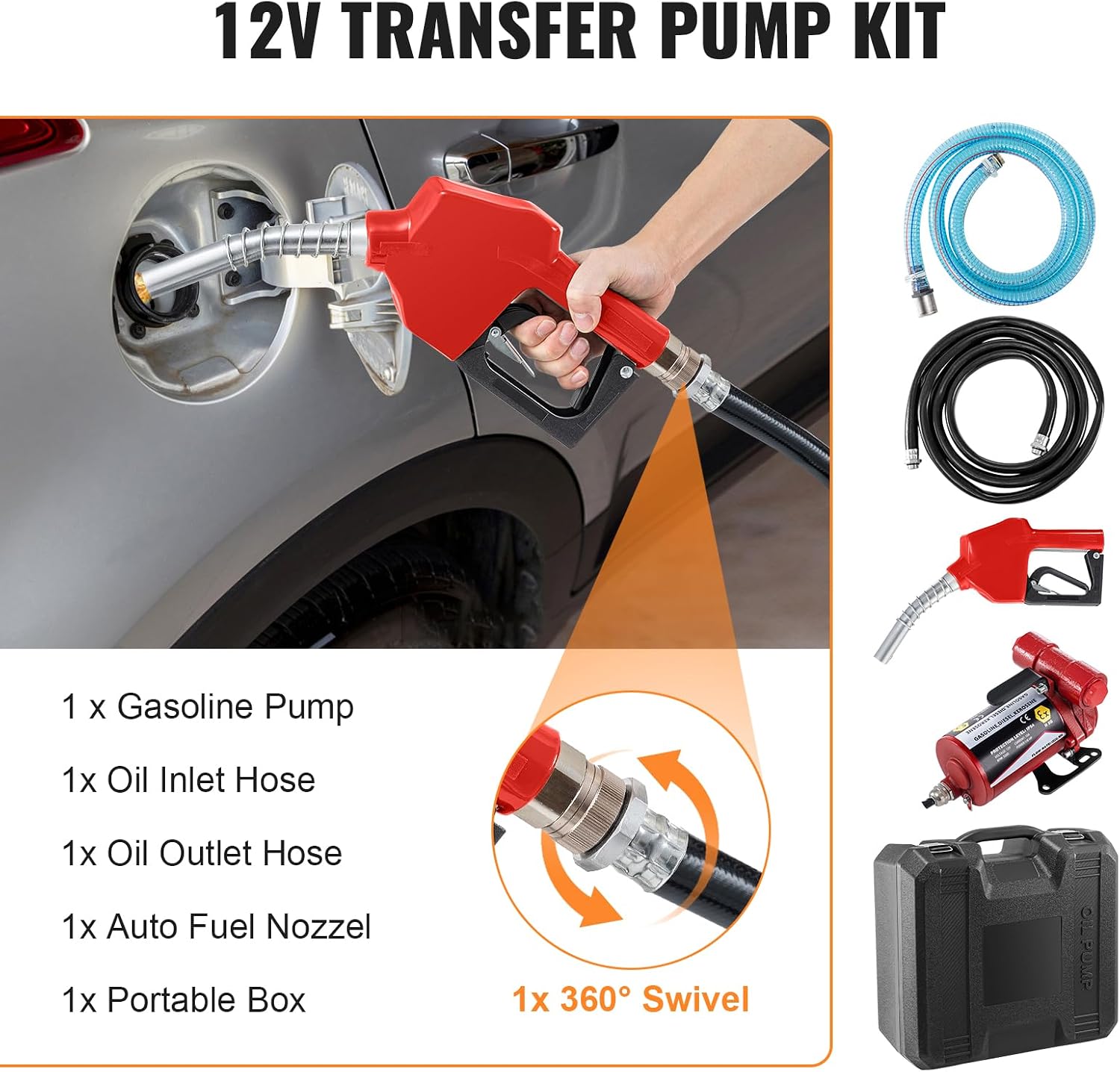 12 Volt Fuel Transfer Pump Kit, 8 GPM/32LPM Portable Electric Self-Priming Fuel Transfer Extractor Pump Kit with Portable Case, Aluminum Automatic Nozzle (Fuel Transfer Pump Kit)