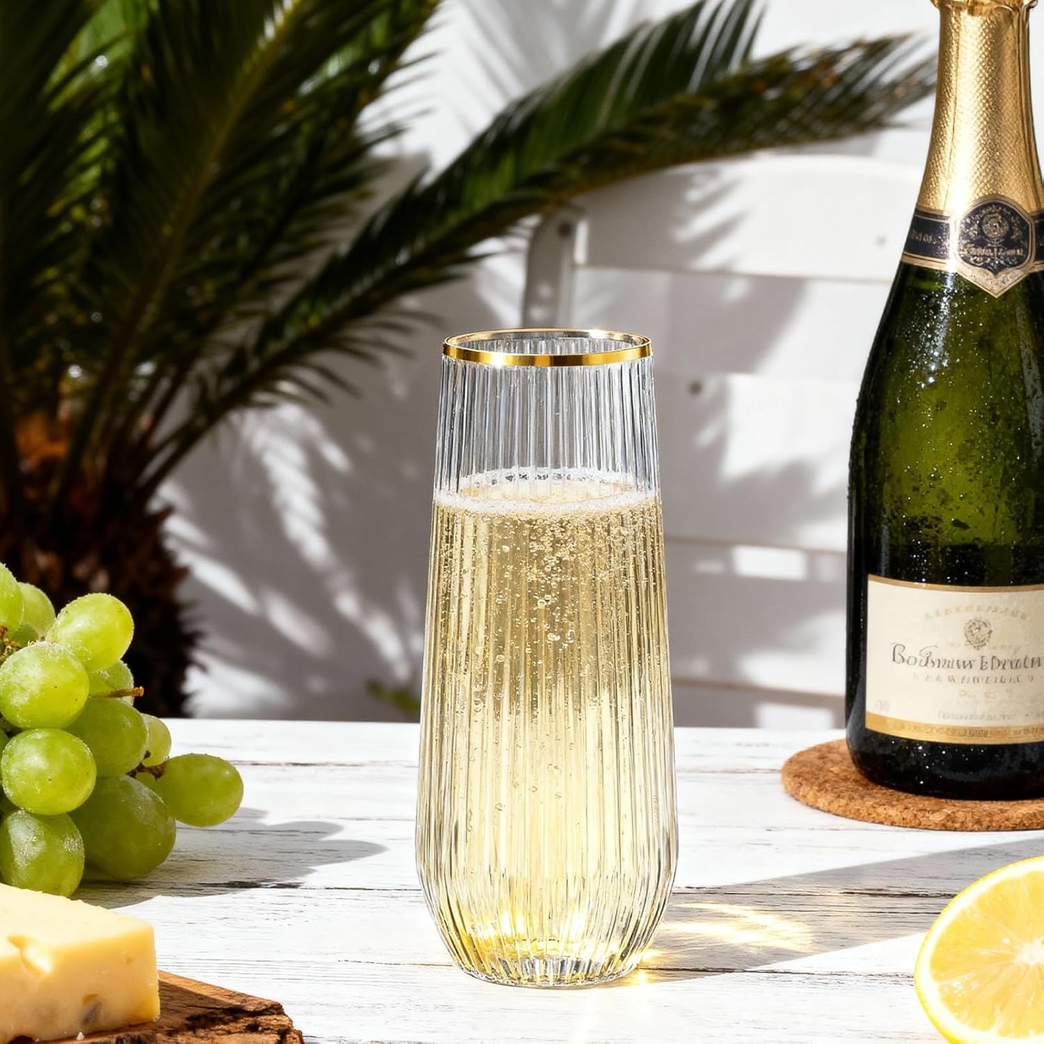 Goodluck 48pack Clear Stemless Plastic Champagne Flutes with Gold Rim，9oz Ribbed Stemless Toasting Glasses，Champagne Flutes Plastic for Weddings, Bars, Events, Party And Celebrations