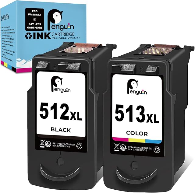 Penguin 512 513 XL Remanufactured Printer Ink Cartridge Replacement for Canon PG-512XL,CL-513XL 510 511 XL Used for MP230 MP240 MP250 MP260 MP270 MP280 MP480 MP490 IP2702 (1 Black,1 Colour) Combo Pack