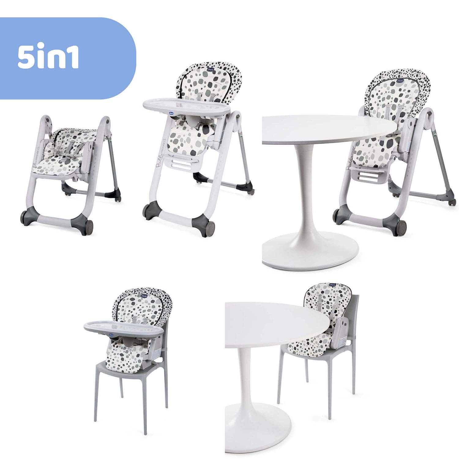 Chicco Polly Progres5 Seggiolone Pappa Regolabile per Bambini 0 Mesi, 3 Anni (15 kg), Trasformabile in Rialzo Sedia Bambini, Reclinabile a Sdraietta, con 4 Ruote e Chiusura Compatta, Anthracite