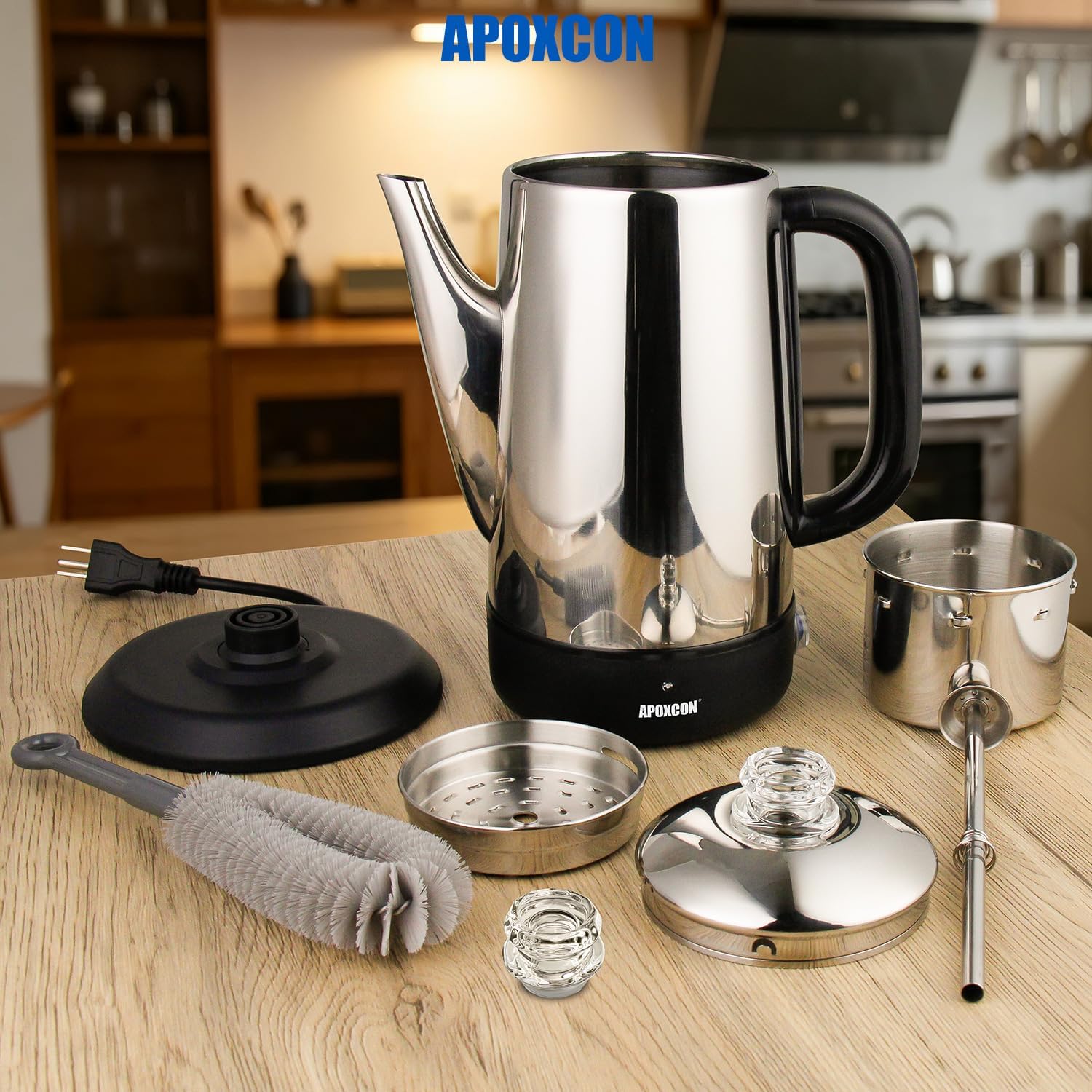 APOXCON Electric Coffee Percolator, Stainless Steel, 1200ml, with Keep-Warm Function, Glass Knob, Cordless Serving - No Aluminum No Plastic Contact with Beverage (8 Cup)