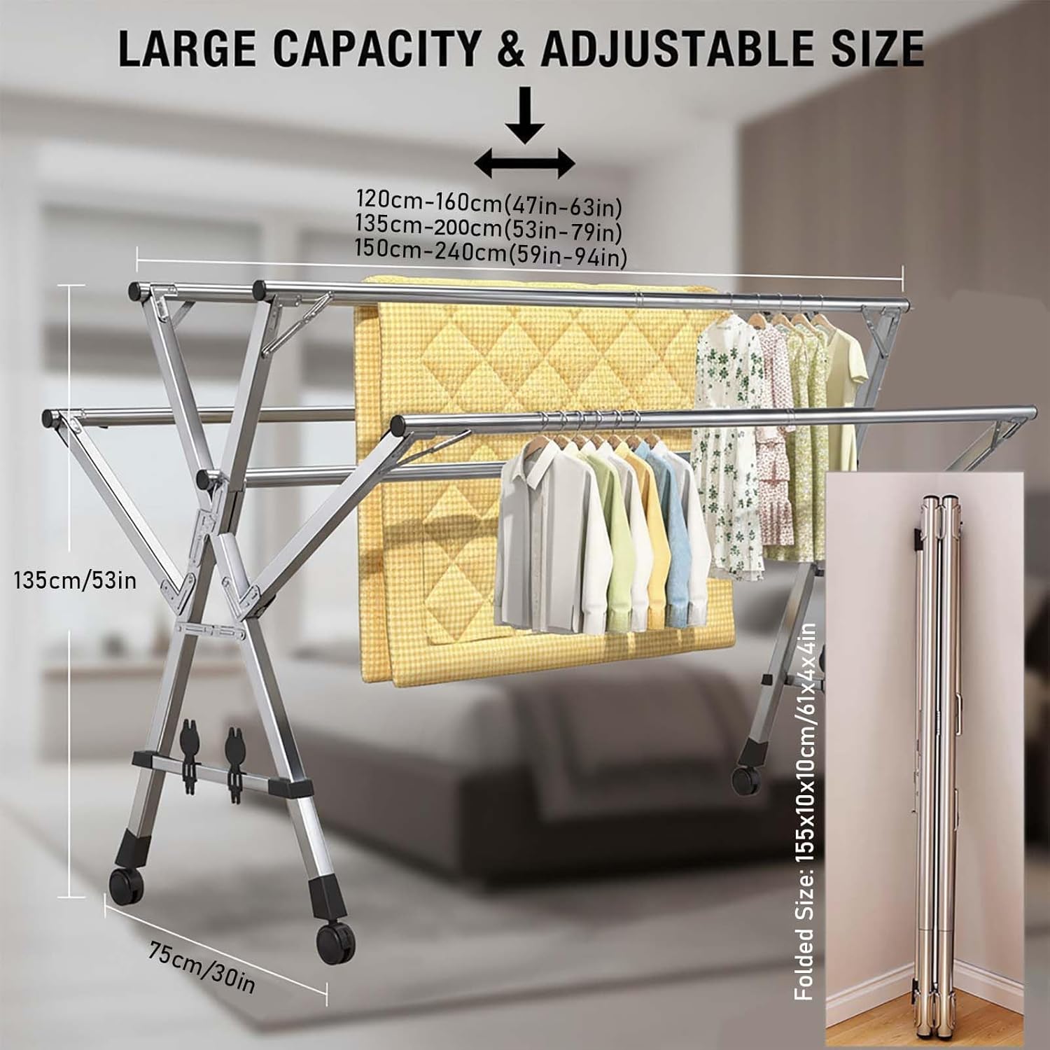 This Stainless Steel Extendable Clothes Hanger Rack, Foldable Laundry Drying Stand, Adjustable Length Heavy-Duty Space-Saving Portable Wardrobe Hanger, Multi-Layer Clothing Organizer