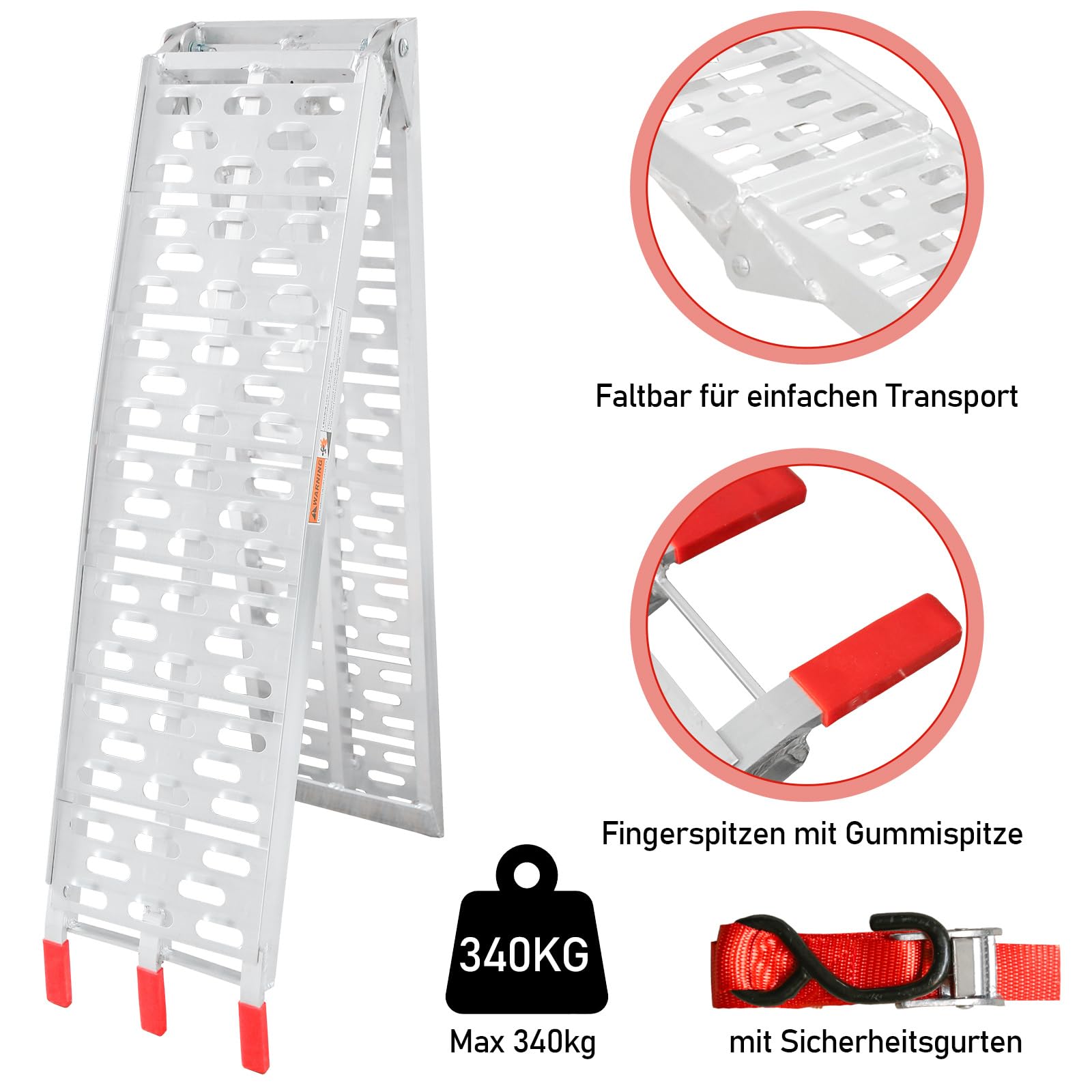 Set di 2 rampe pieghevoli in alluminio, 226 cm, portata 340 kg | Rampa di carico pieghevole e antiscivolo per rimorchi, moto, ATV, quad e auto