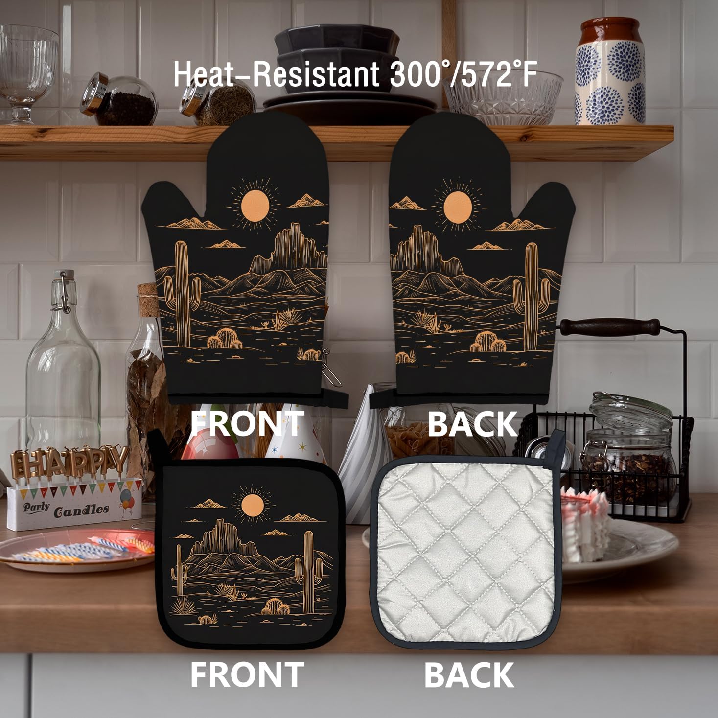 Boho Sunshine Western Black Oven Mitts and Pot Holders Sets, Cactus Kitchen Decor, Home Over Mittens, Gloves Gifts