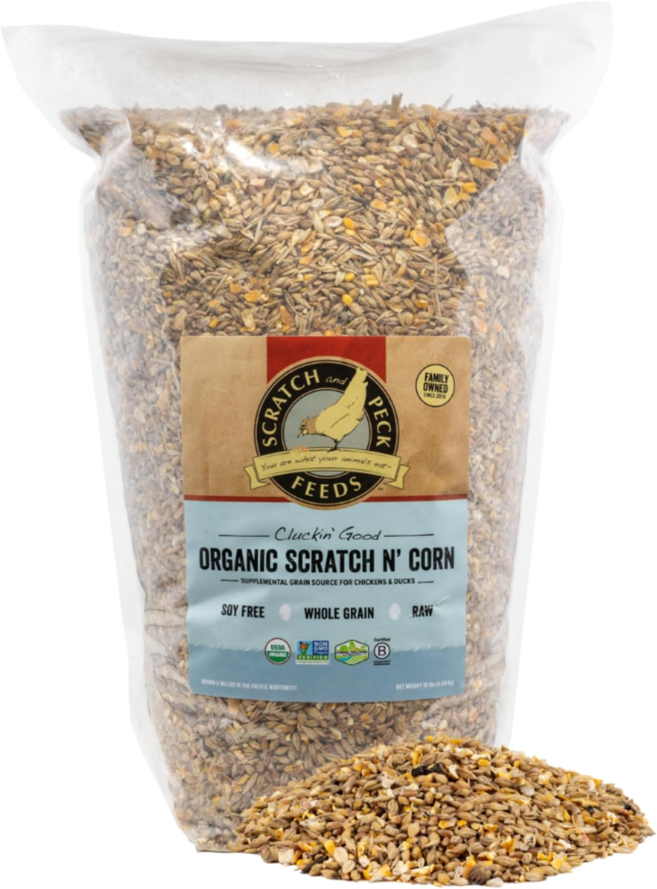 Scratch and Peck Whole Grain Scratch + Corn Chicken and Duck Supplemental Grain - 10 lbs Bag - Soy-Free - 9% Protein, Certified Organic and Non-GMO Project Verified Chicken FoodUSDA Organic