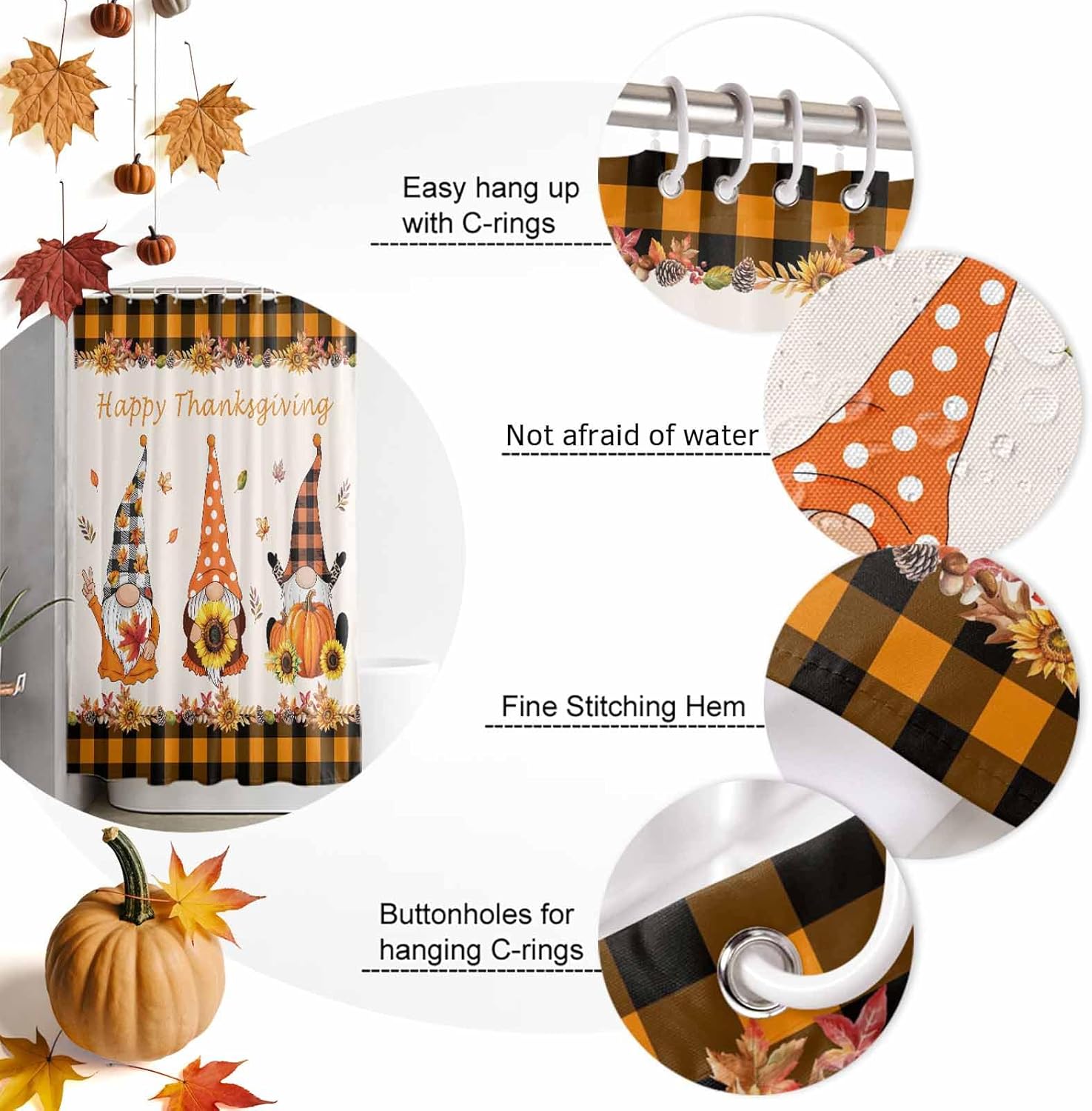 Shower Curtain Bathroom Curtain, Happy Thanksgiving Gnome Maple Leaves Sunflower Orange and Black Buffalo Check Water Repellent Fabric Curtain Set with 12 Hooks & Grommets for Bathtub, 72"x72"