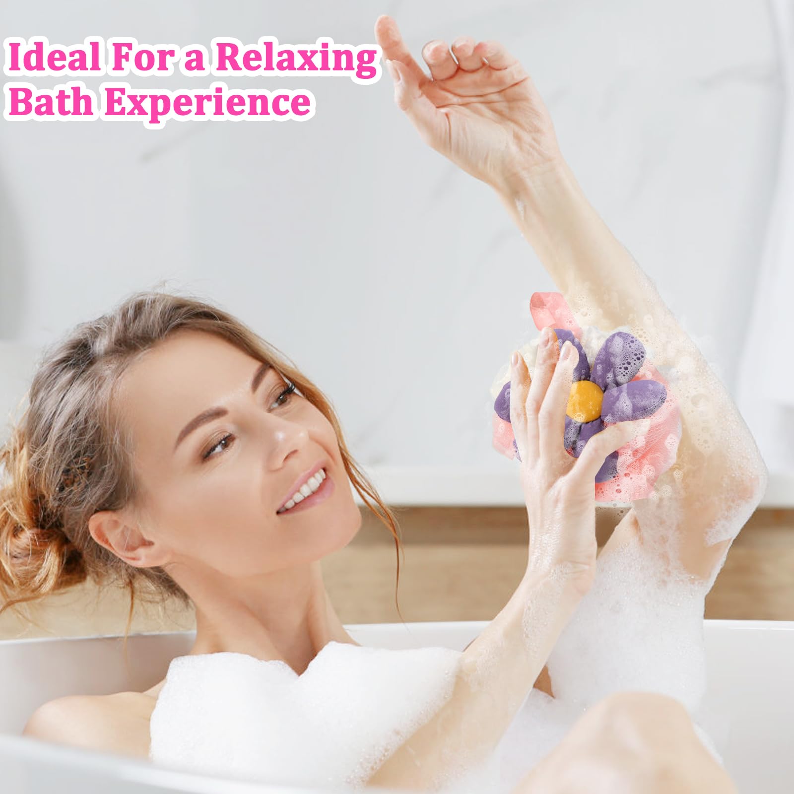 2 esponjas de baño de flores bonitas de malla de lufa, esponja exfoliante para mujer, esponja de ducha suave para piel sensible en accesorios de baño de belleza