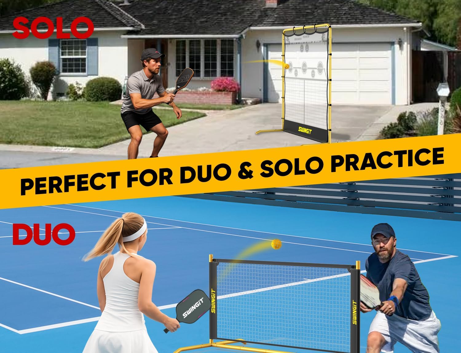 Portable Pickleball Training Net, 2in1 Solo Rebounder Net System for Dinks Volleys Tennis, USAPA Approved Accuracy Trainer Equipment with Carry Bag, Outdoor & Indoor Prefer Backyard