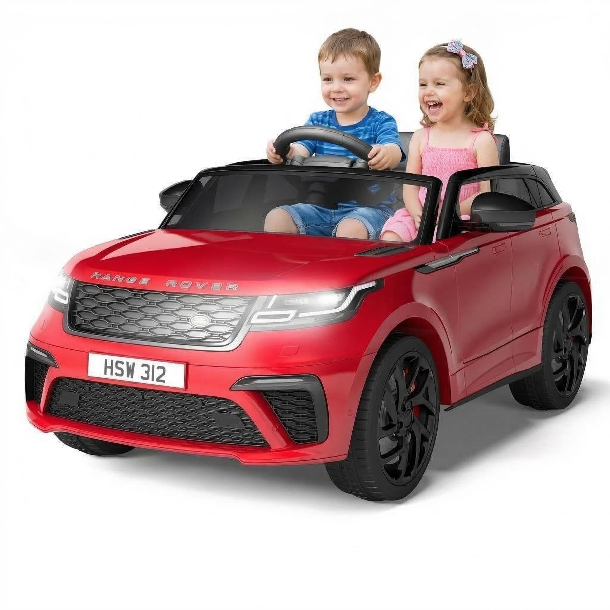 Garvee Coche Eléctrico Infantil con Licencia Land Rover - Grande 2 Plazas, Puertas Hidráulicas, Doble Motor 12V, Control Remoto 2.4G, Altavoz, Bocina, Luces LED, Seguro Niños 3-6 Años, Color Rojo