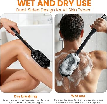 Double Sided Shower Back Scrubber - 42cm Long Handle Exfoliating Massage Body Brush, Rich Lather Producing(Black)