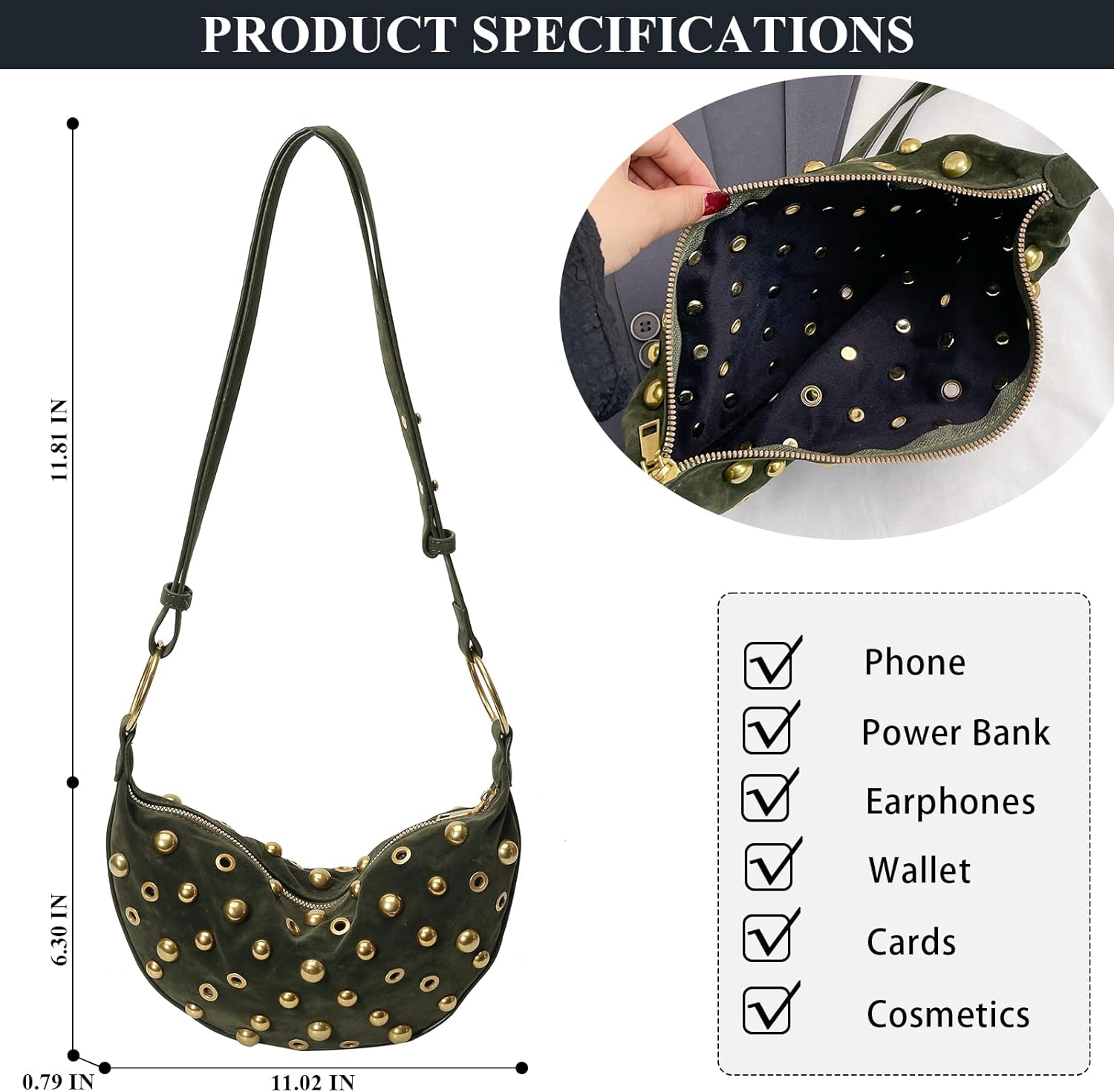 Studded Purse Trendy Studded Handbag Hobo Crescent Bags Y2K Shoulder Bag Suede Purses for Women - Image 4