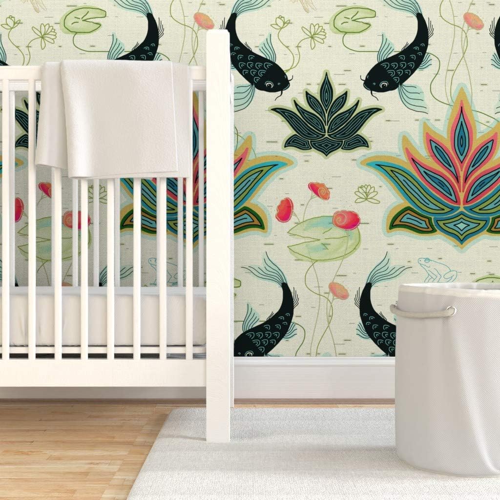 Removable Wallpaper 3ft x 2ft - Black Koi Damask Green Teal Red Turquoise Japanese Custom Pre-Pasted Wallpaper by Spoonflower