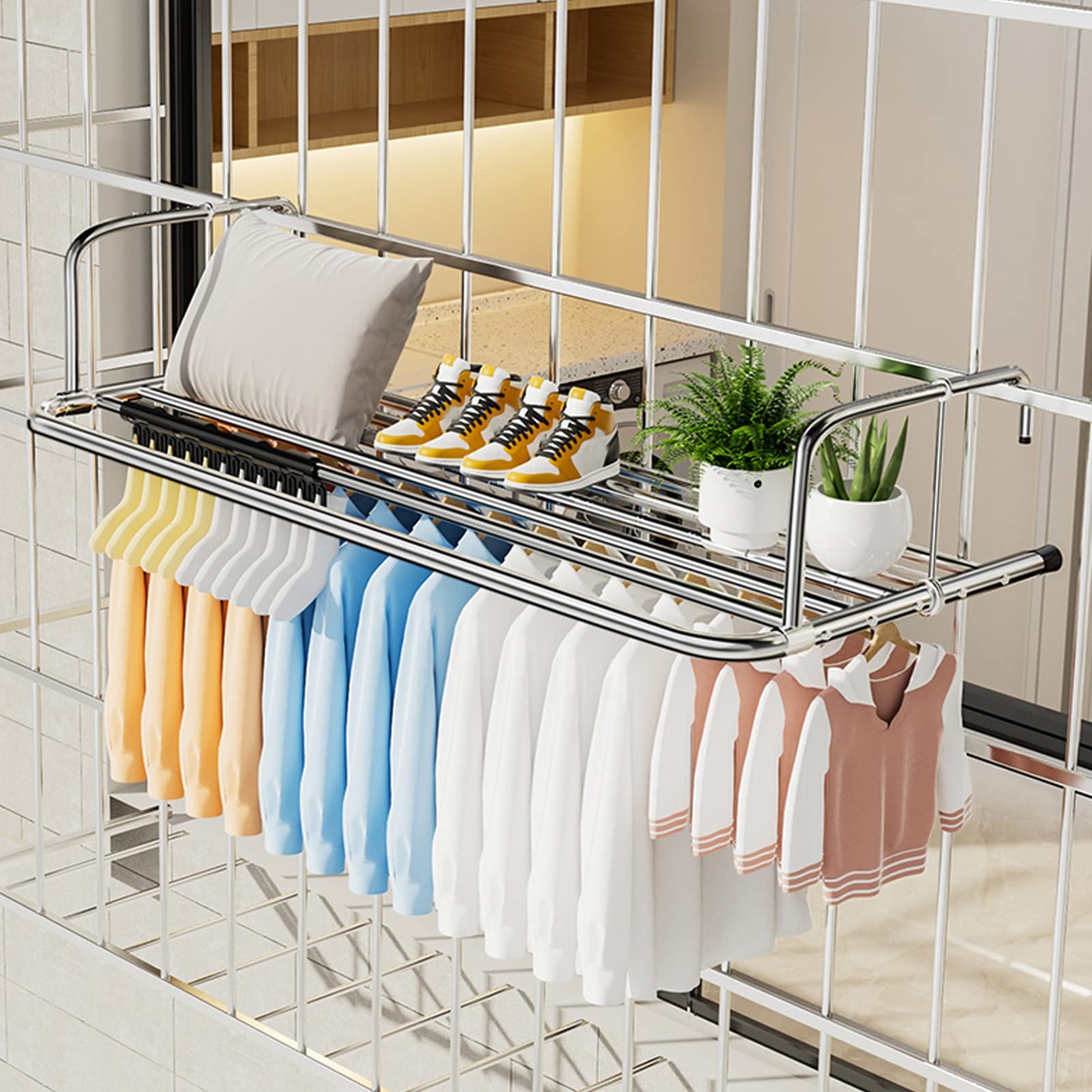 Hängender Heizkörper- und Balkon-Wäscheständer, Balkon-Heizkörper-Wäscheständer aus Edelstahl, zusammenklappbar, zum Aufhängen von Kleidung, Handtüchern, Unterwäsche, Schuhen, Socken, 50 cm, 65 cm, 80