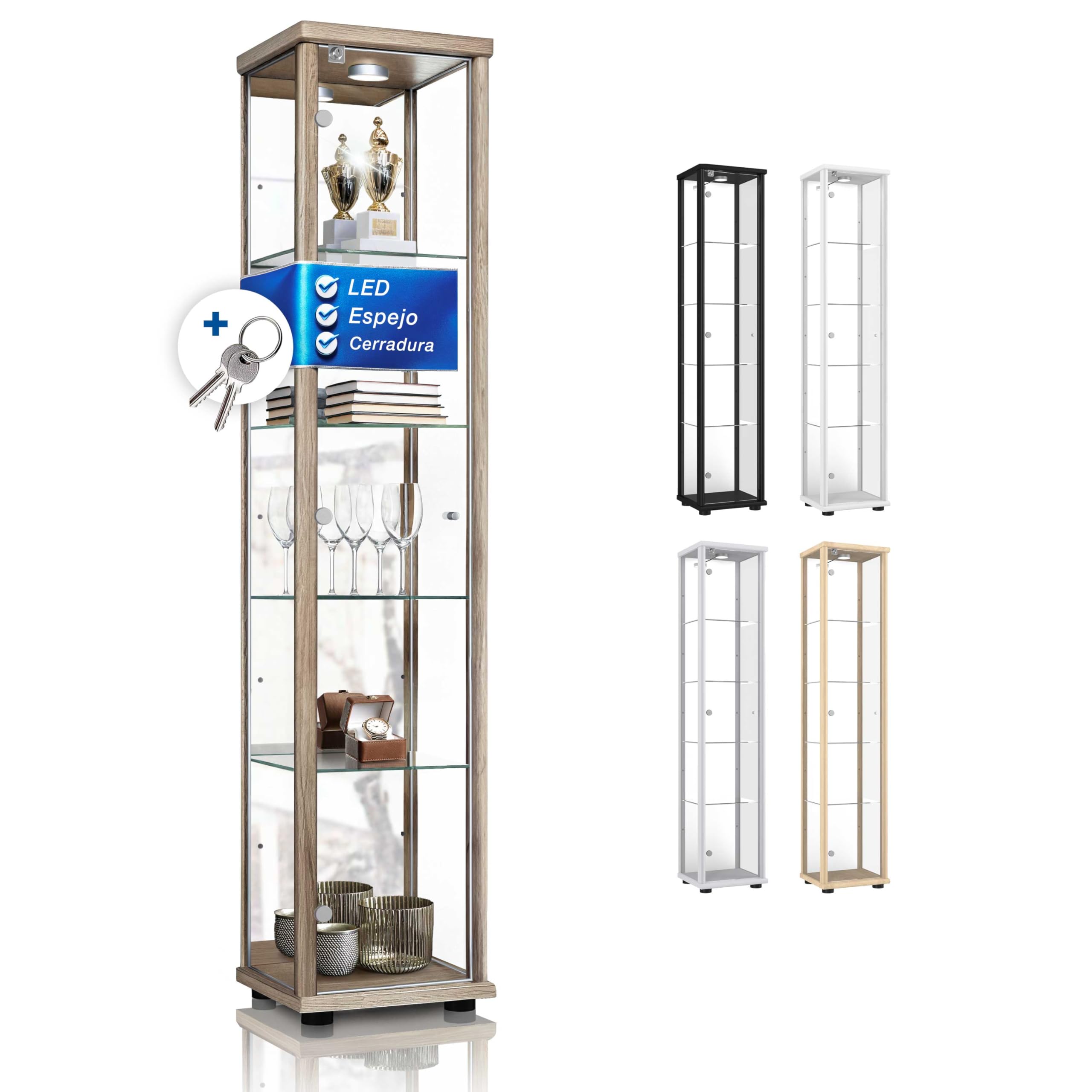Vitrina de Sonoma (176x37x33cm) con 4 estantes de Cristal Regulables en Altura, Espejo, Cerradura, LED - Vitrina para Modelos - Vitrine de Haya de coleccionista