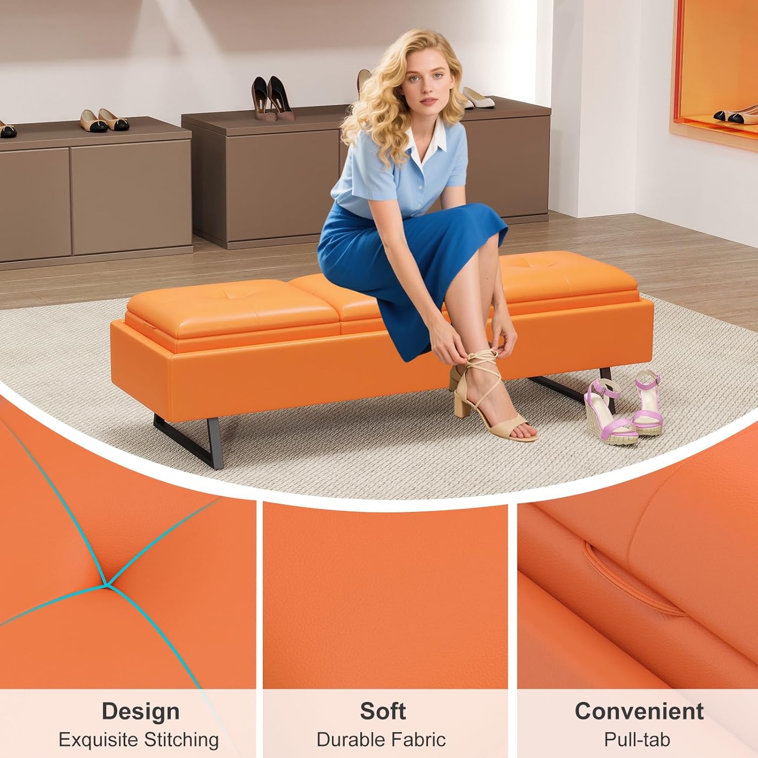 kinbor Waiting Room Chairs - PU Leather Office Guest Chair, 3 Seats Upholstered Reception Bench, Lobby Furniture for Salon, Shop Lobby, Orange