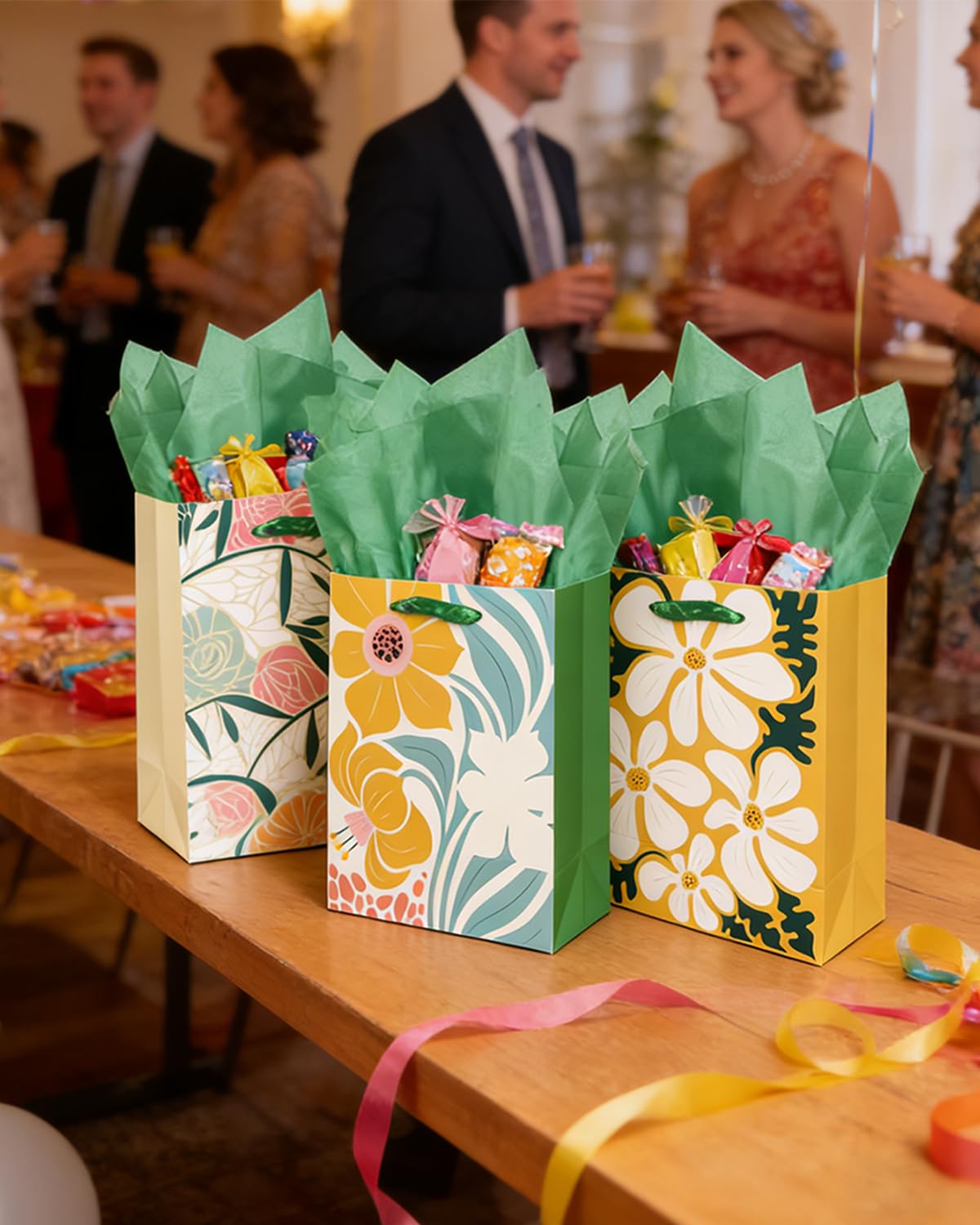qiqee Clash Flowers Paper Gift Bags with Tissue Paper Handles 12PCS 2.4"x4.7"x6.3" Small Size（12pcs Bags + Tissue Paper ）