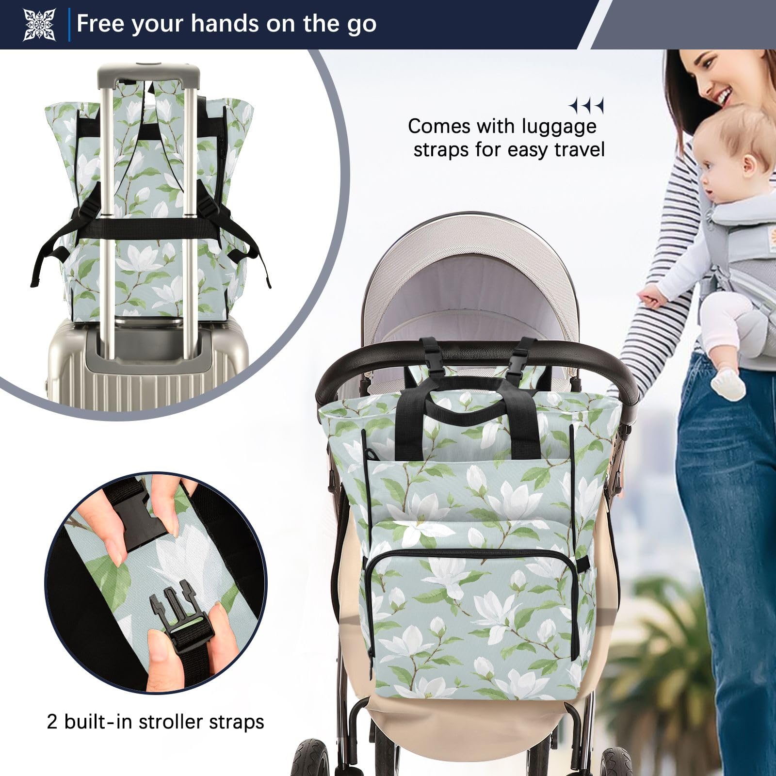 Mnsruu Borsa per pannolini da viaggio impermeabile, con motivo Gardenia, per mamme e papà, colore: bianco