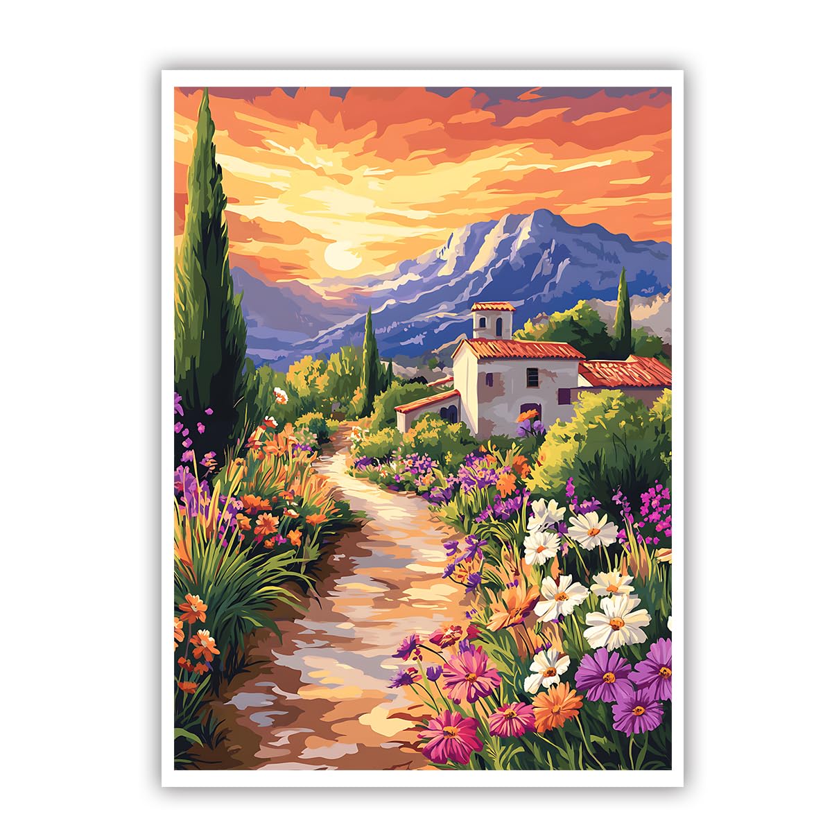 CHERHERART Sunset Lavender Fields Painting Poster Wall Art Vintage French Country Path Picture Canvas Prints for Living Room Modern Home Decor 25x40cm Frameless