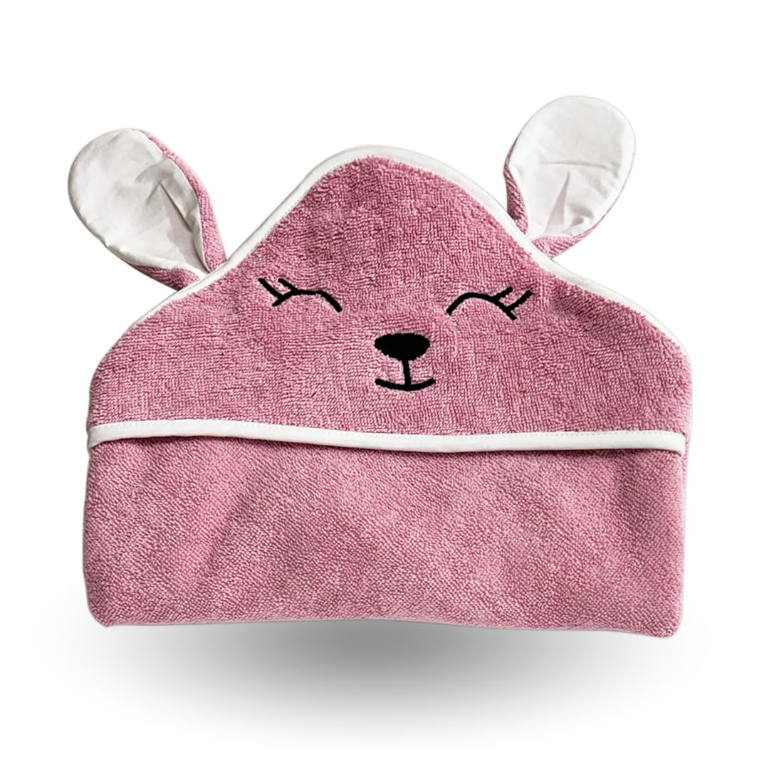 Kridlo 100% Cotton Terry Baby Hooded Towel for Newborn, Super Soft & Absorbent GSM-550 Bath Towel, 70x70cm, 0-2 Years (Pack of 1, Mauve Rabbit)