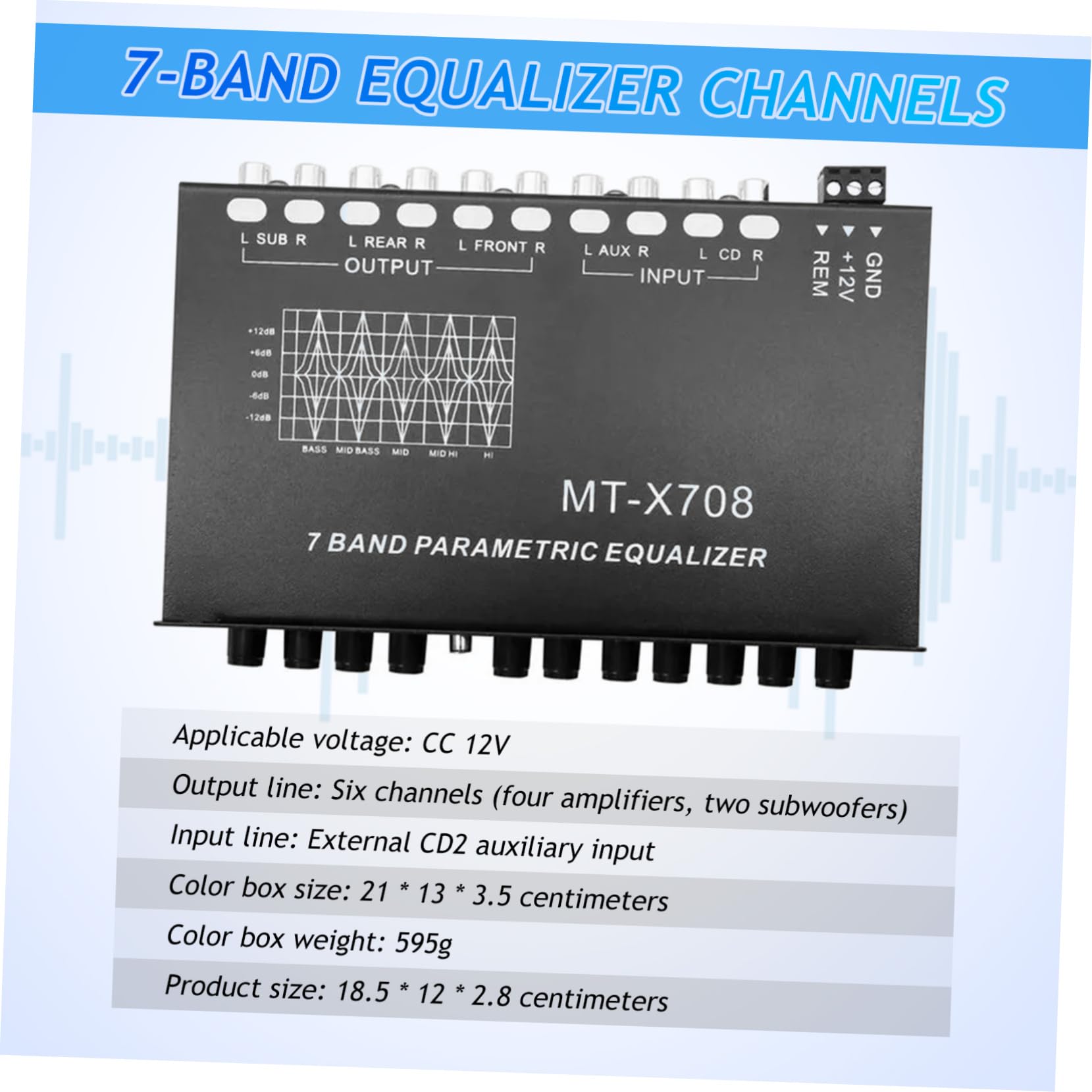 VILLCASE Ecualizador de Coche de 7 Bandas Seis Canales, Amplificador de Metal para Sistema de Audio de Automóvil, Interfaz Simple y Mejora Calidad de Sonido
