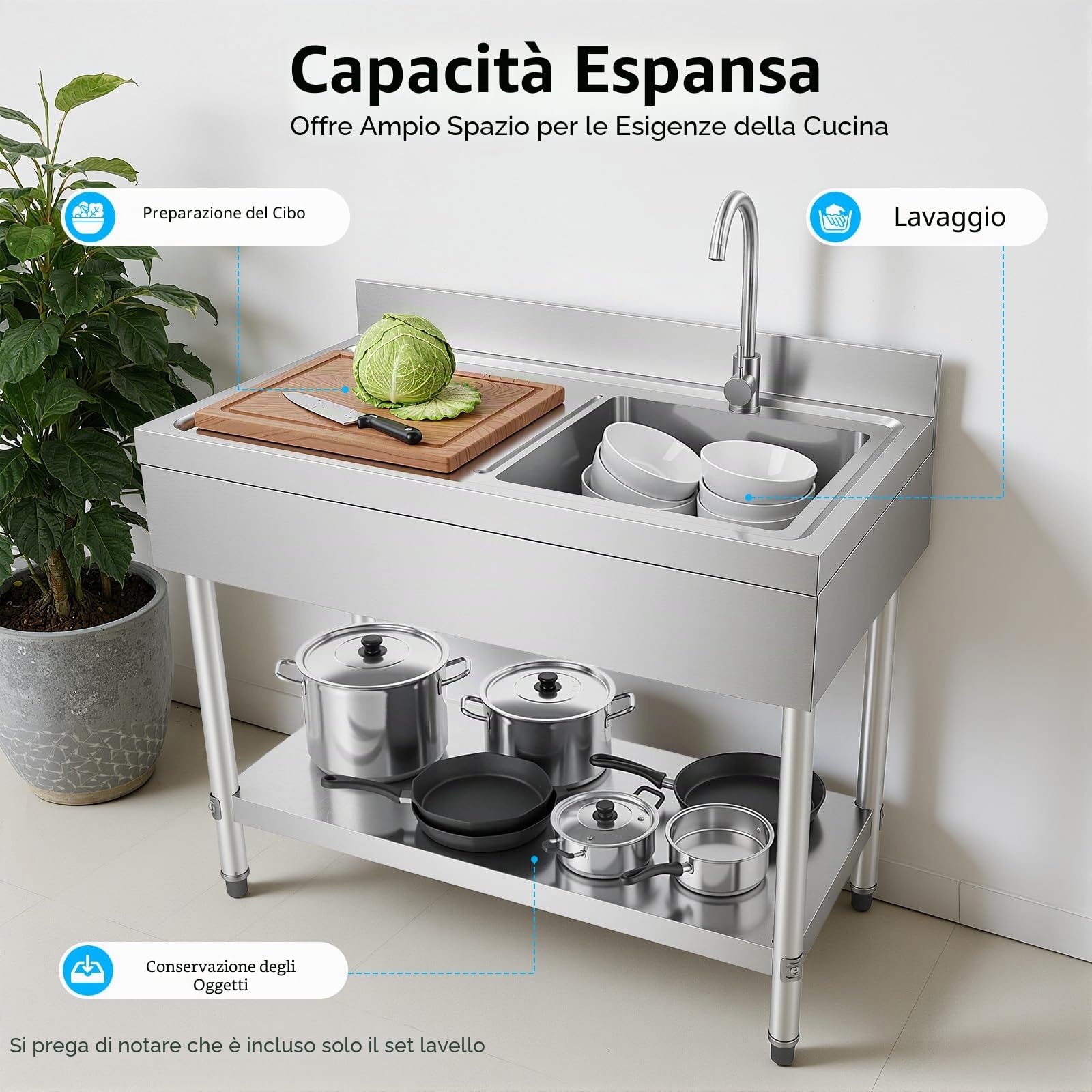 Lavello da cucina in acciaio inox, 1 vasca, professionale, in acciaio inox, autoportante con cestello filtro, per esterni, 100 x 60 x 80 cm