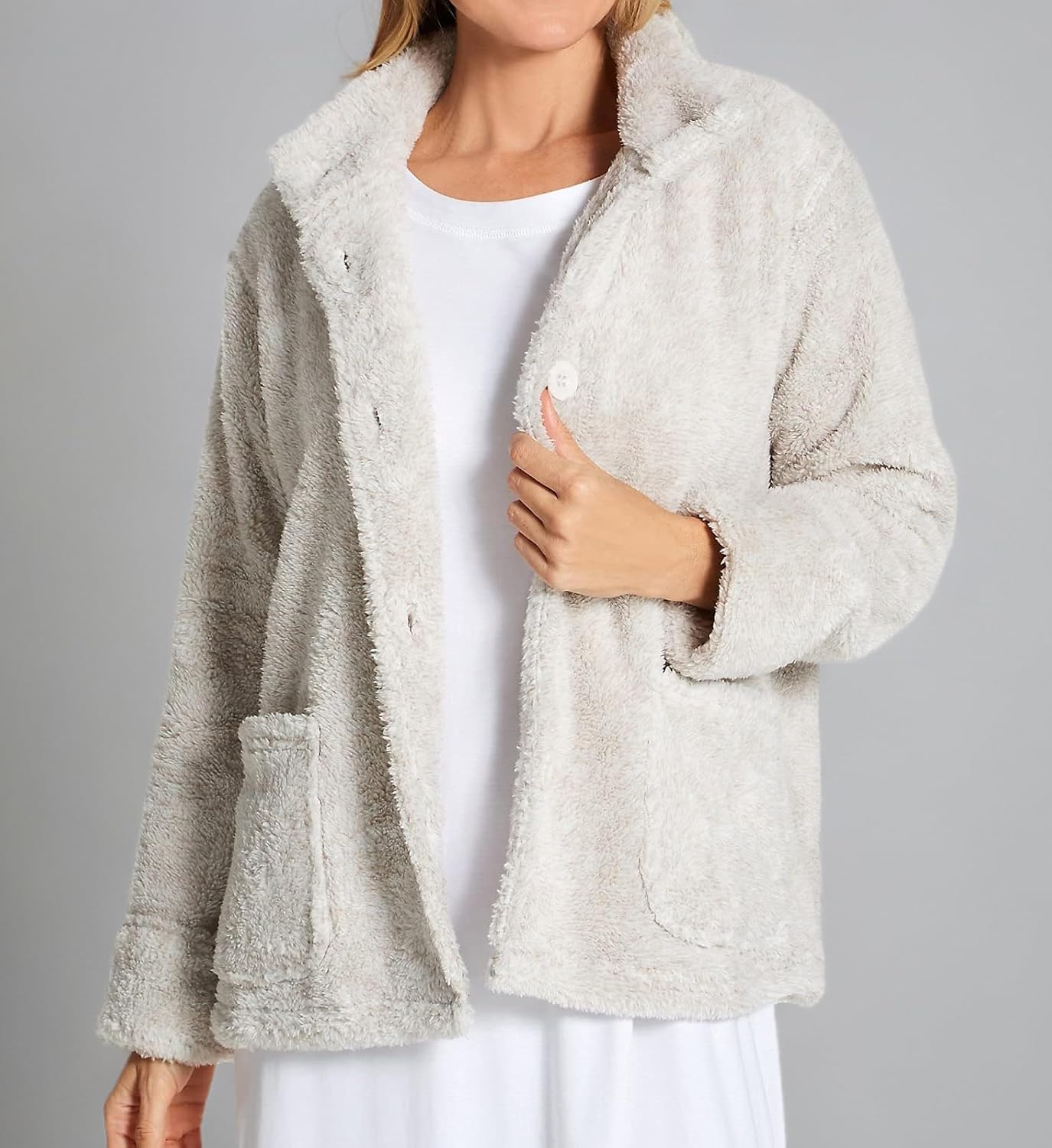 LA CERA Women's Fleece Bed Jacket - 100% Polyester, Collared Button Front, Long Sleeves, Front Pockets, Solid Pattern - Image 6