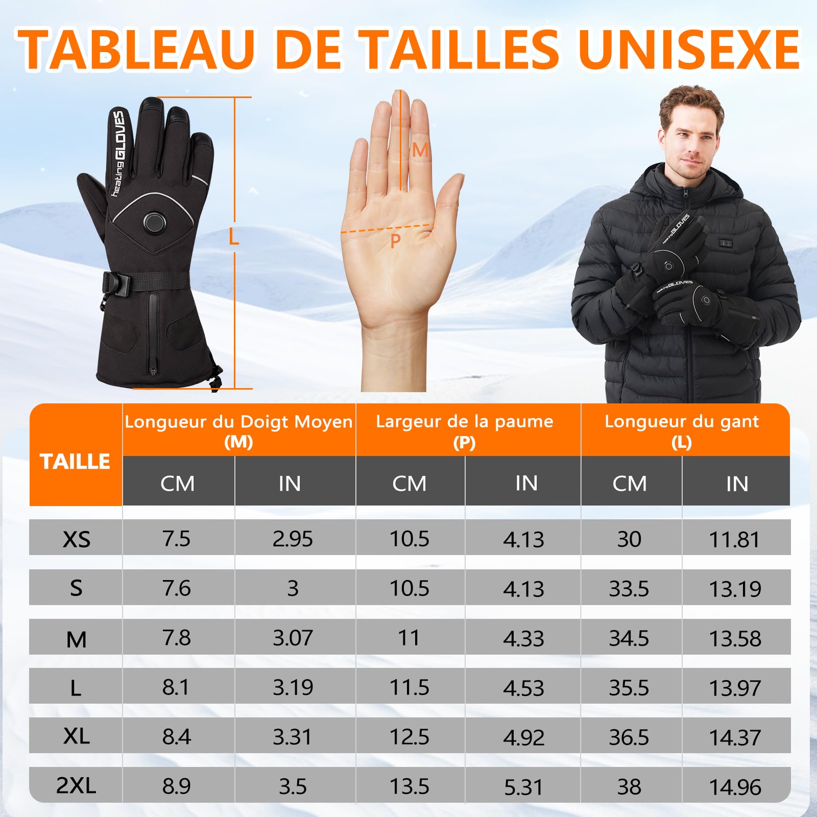 Gants Chauffants Homme Femme avec 2x5V 6000mAh Batteries, Gant Chauffant Moto à 3 Niveaux, Charge de Type C, Imperméables, Gants Tactiles pour Le Ski, la Randonnée et Le Cyclisme