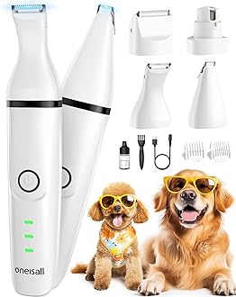 oneisall 4-in-1 Cordless Dog Grooming Kit with 2-Speed Clippers, Low Noise Paw Trimmer & Rechargeable Quiet Nail Grinder for Dogs and Cats (White)