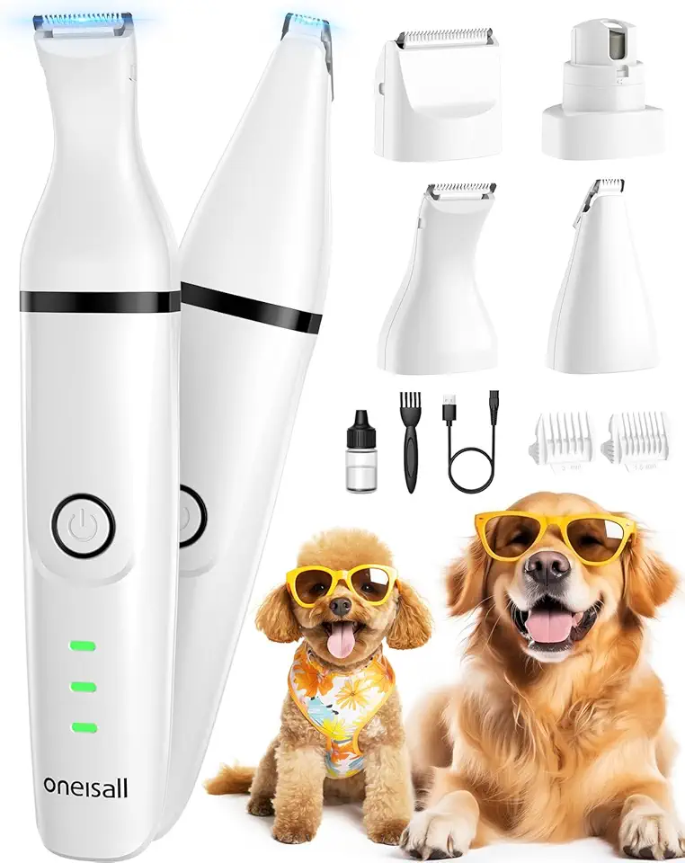 Kit de cuidados para cães 4 em 1 oneisall sem fio com cortadores de 2 velocidades, aparador de patas de baixo ruído e cortador de unhas silencioso recarregável para cães e gatos (branco)