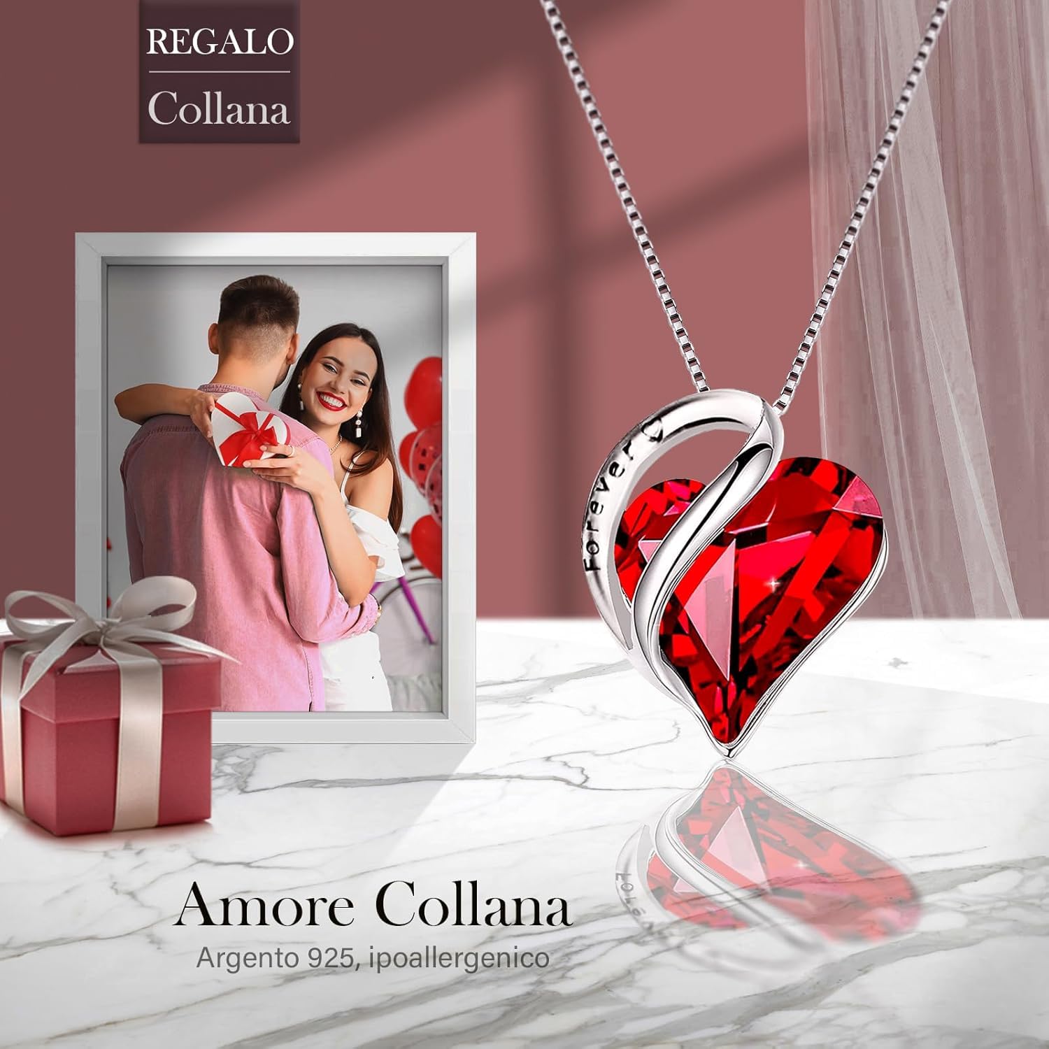 Rosa Eterna con Collana,Rosa Stabilizzata Vera con Ciondolo Rubino Argento 925 Donna，Eternal Rose Confezione Regalo,Regalo per La Festa Della Mamma,San Valentino Anniversario Matrimonio per Lei