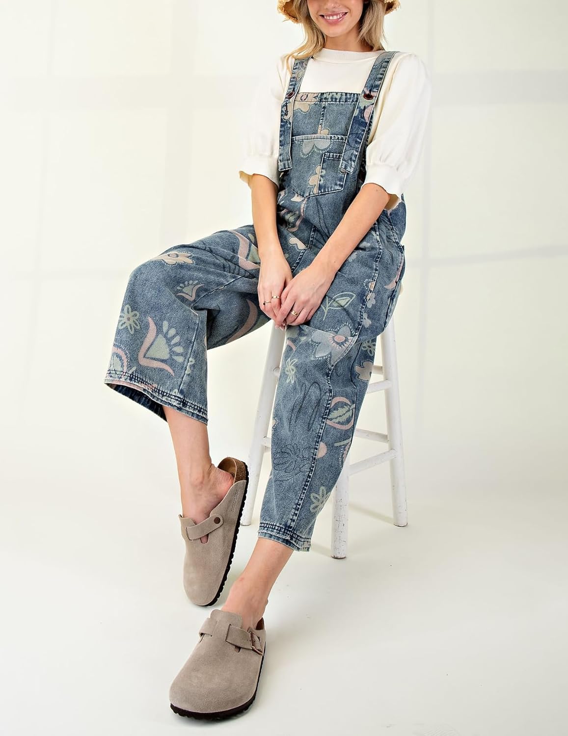 chouyatou Women 2025 Baggy Floral Denim Bib Overalls Jeans Casual Distressed Wide Leg Overall Jumptuis - Image 3