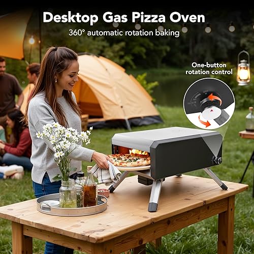 Miniatura 3 de Horno de pizza, con piedra y patas para pizza de 14 pulgadas, función de rotación automática, horno de pizza a gas al aire libre, material de acero