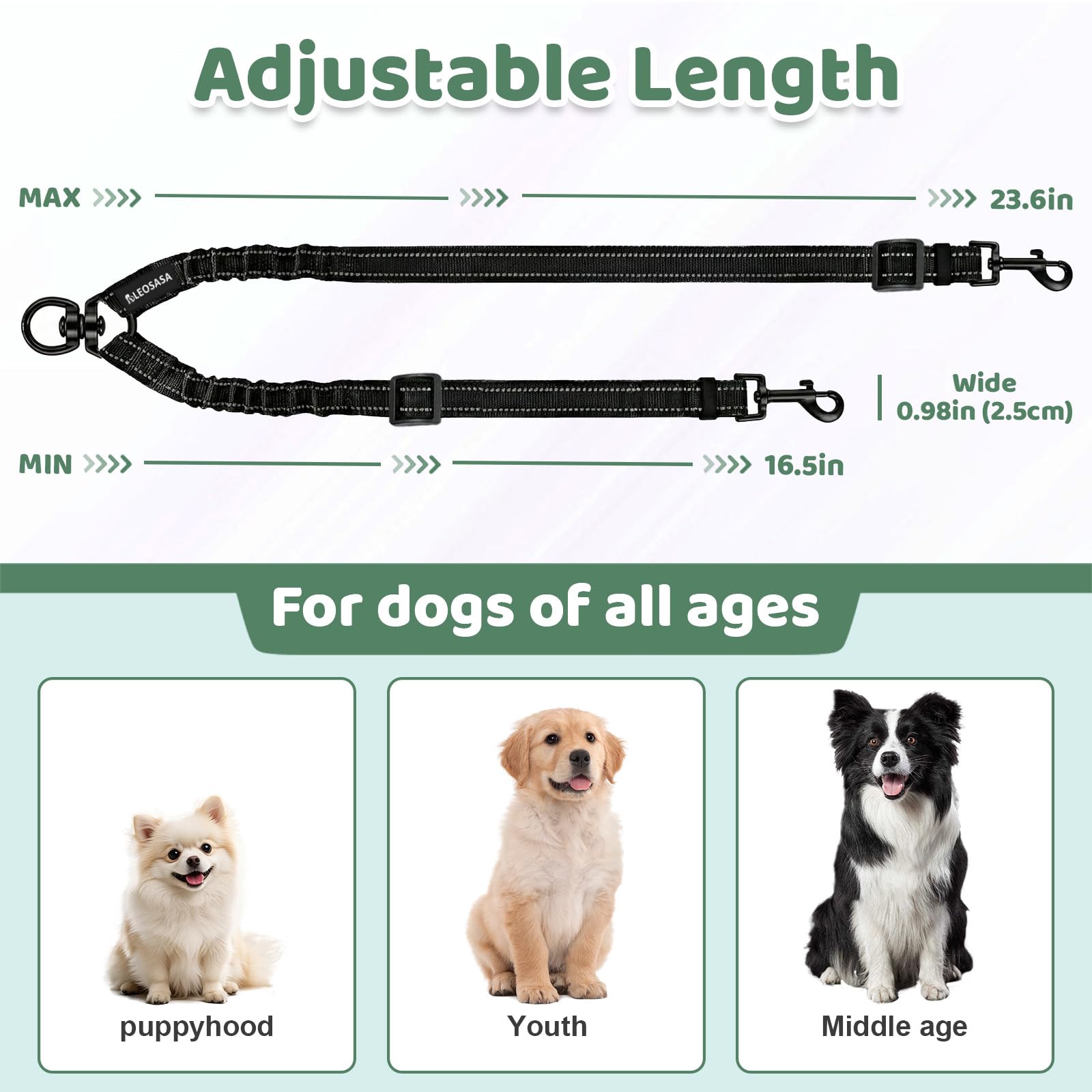 LEOSASA Double Dog Leash for 2 Dogs - No Tangle 360°Swivel Splitter with Reflective Stitching, Adjustable Length and Stretchy Shock-Absorbing Comfort, for Small/Medium Dogs Walking Training (L（2.5cm）) - 3