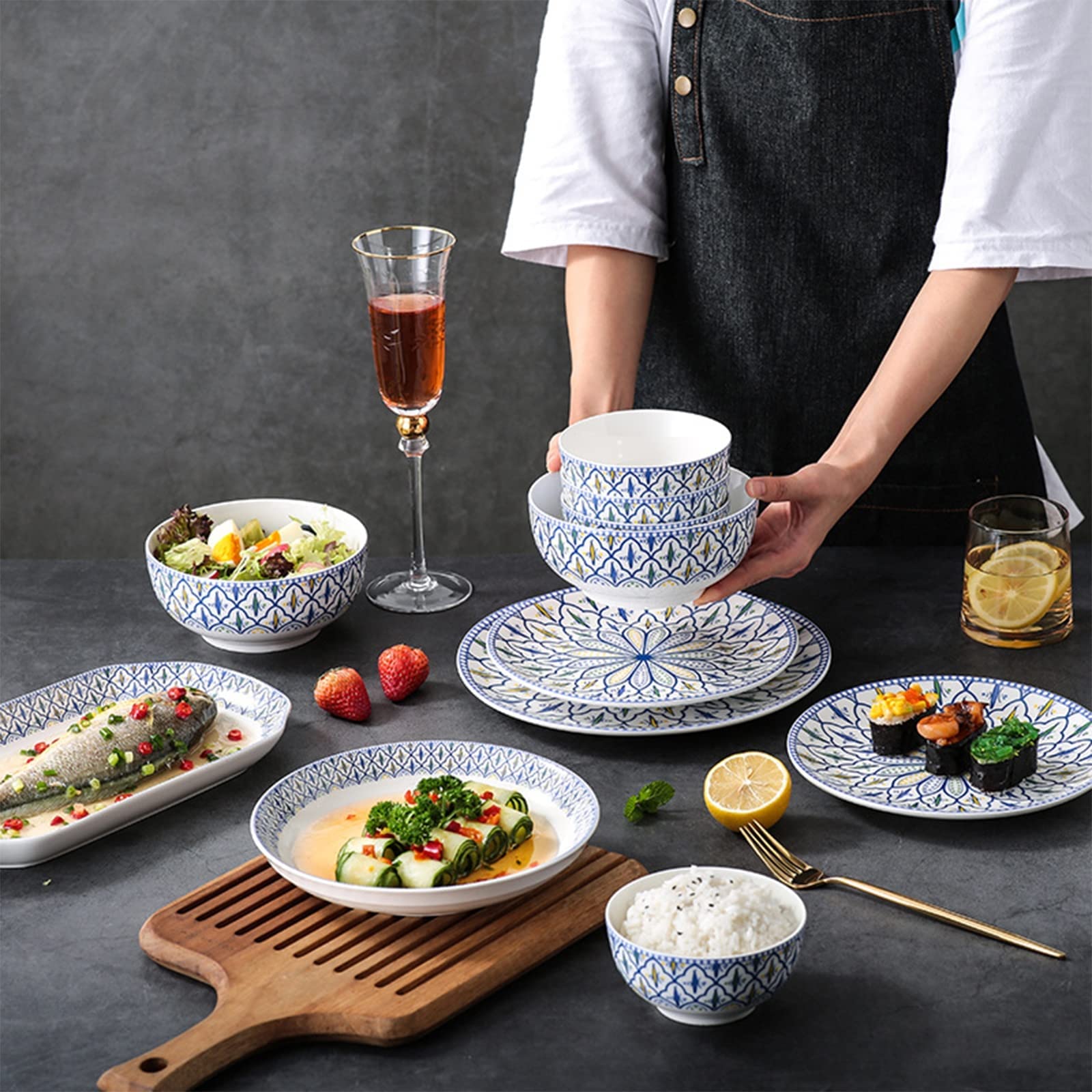 Service de Table en céramique pour 6 à 25 pièces, Service de Vaisselle, Services de Table de Cuisine avec Assiettes Plates, Assiettes à Salade et Bols, Lavable (