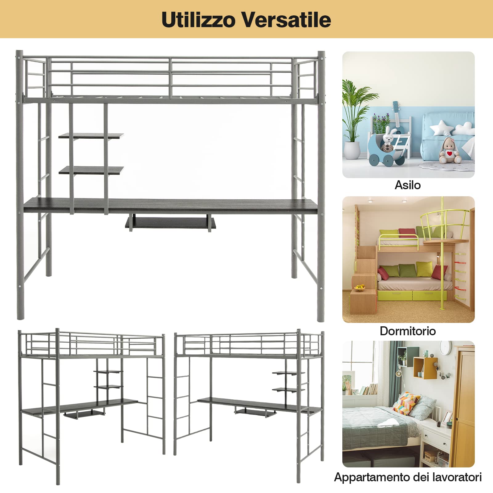 COSTWAY Letto a Soppalco in Metallo, Struttura del Letto Salvaspazio con 2 Scale e Scrivania, Letto a Doghe Ideale per Adolescenti e Adulti, 200x95x180,5 cm (Argento)