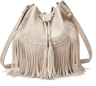 Leather Bucket Bags for Women Crossbody Fringe Purses with Drawstring La...