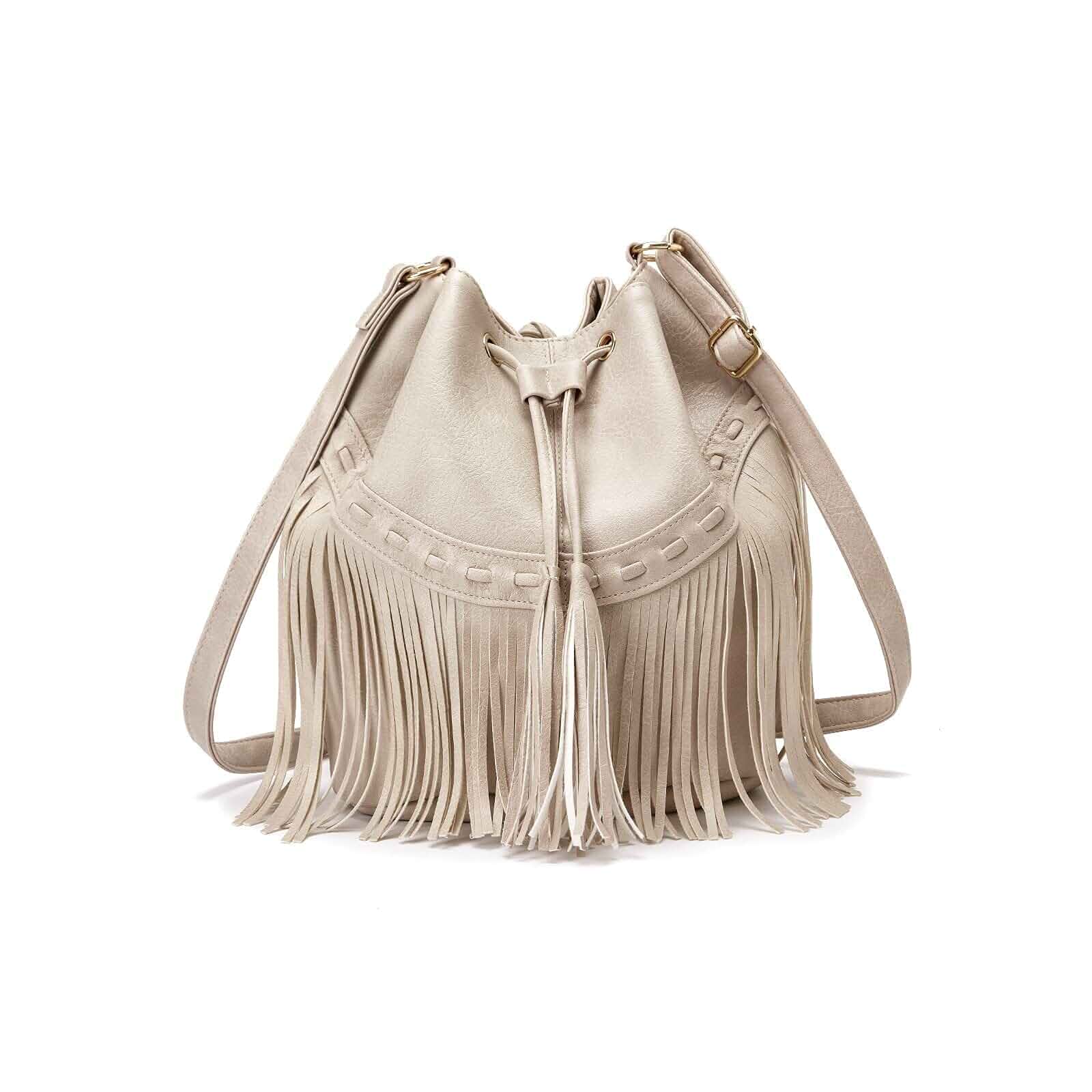 Gladdon Boho Fringe Bucket Bag Crossbody Shoulder Purse for Women vintage lightweight drawstring snap closure shoulder fit for daily outings weekend trips casual beach leisure occasions