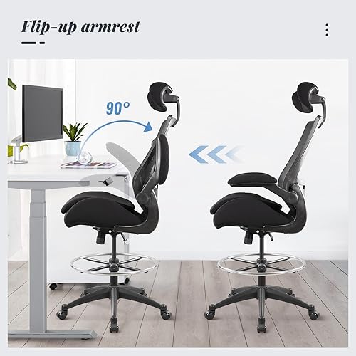 Miniatura 6 de Silla de oficina alta ergonómica de 400 libras para escritorio de pie ajustable con brazos abatibles, reposacabezas (con reposapiés, negro)