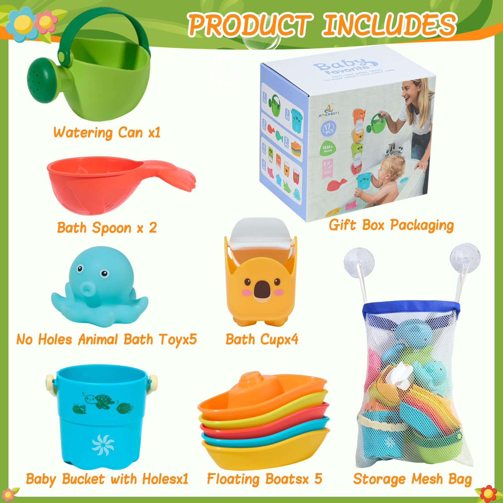 Schimmelfreies Badespielzeug, 17 Stück, sicher und leicht zu reinigen, rotierende schwimmende Wasserfallflaschen und Bewässerungsbecher ohne Bohren, Babyspielzeug über 12 Monate, Wasserspielzeug für