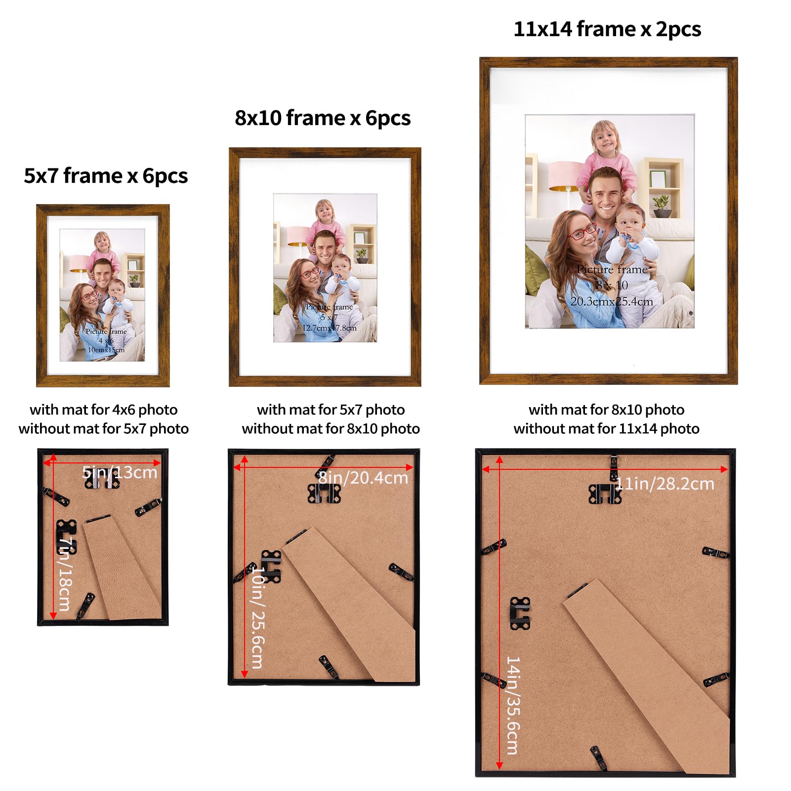 Giftgarden 14 braune Bilderrahmen mit Passepartout für verschiedene Größen Fotos, sortiert, mattiertes Rahmen-Set inklusive zwei 28 x 35 cm, sechs 20 x 25 cm, sechs 12 x 17 cm, Galerierahmen-Collage