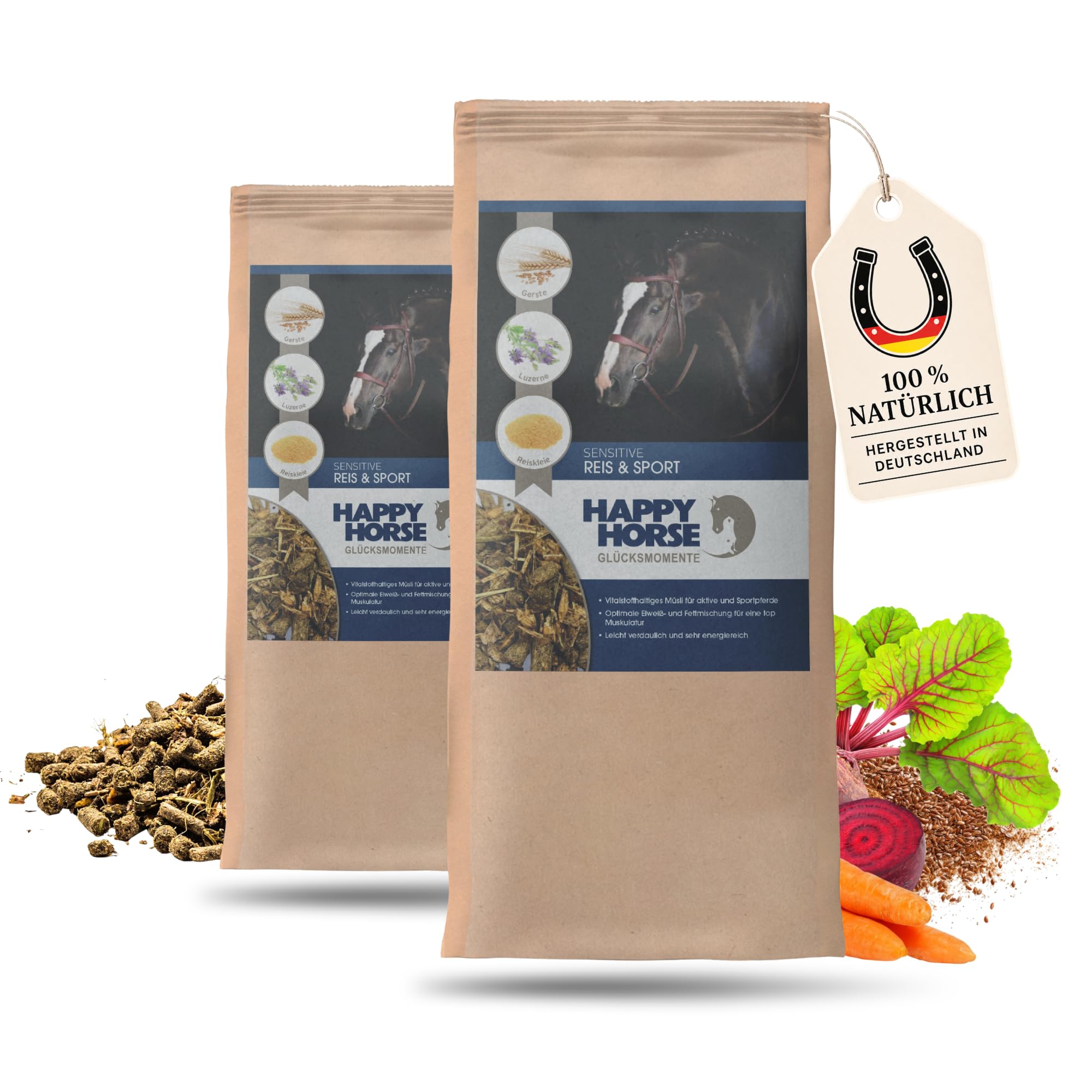 HAPPY HORSE Sensitive Reis & Sport 2 x 14 kg Vorteilspack – Pferdefutter zur Gewichtszunahme & Muskelaufbau - Getreidearm, Glutenfrei, Energie- & Vitalstoffreich - Made in Germany