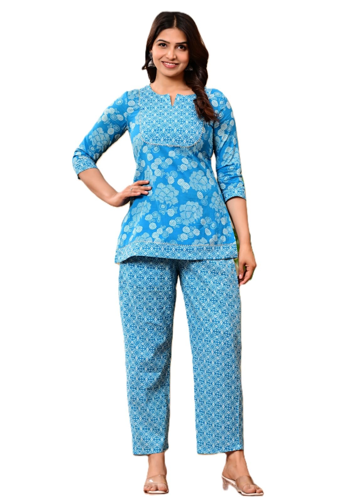 Co-Ord Set for Women | Flower Printed Cotton Top & Bottom | Notched V-Neck and 3/4 Sleeve | Top 29” Bottom 38” with One Pocket | Office & Casual Wear-image-1