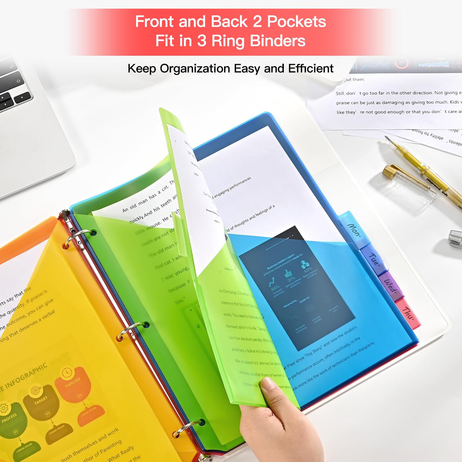 SUIN Divisori inseribili con 8 linguette con doppie tasche, separatori di pagine in plastica traslucida per raccoglitore a 3 anelli, archiviazione anteriore e posteriore, in poliestere resistente