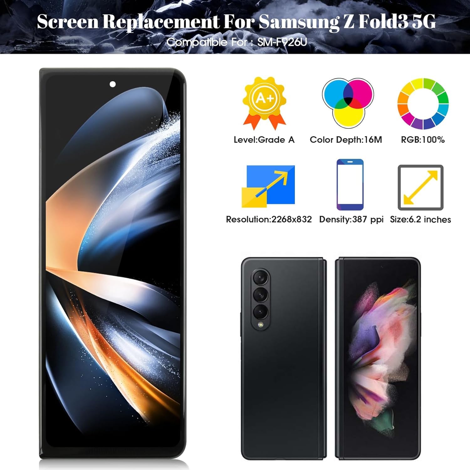 TFT Ersatzbildschirm für Samsung Galaxy Z Fold 3 5G Display für Samsung Fold 3 5G SM-F926B Digitizer Touchscreen Montage Reparatursets (kein Rahmen, Schwarz)