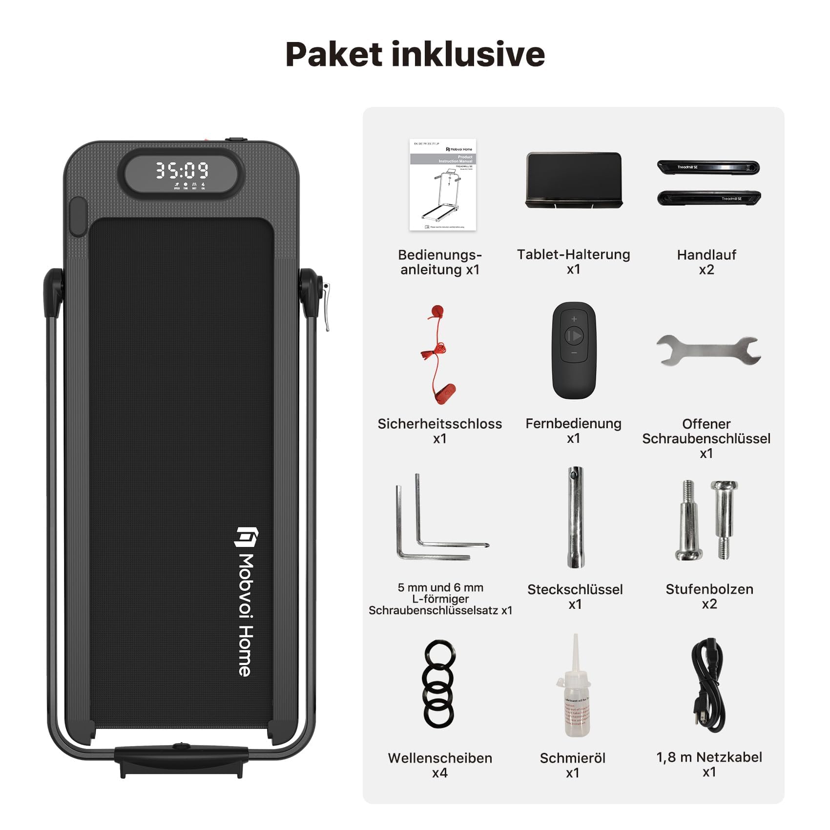 Mobvoi Home Laufband SE, Intelligente KI 3-in-1-Klapplaufband, elektrisches Laufband, 2,5 PS, kompakt tragbar unter dem Schreibtisch, 12 km/h, Fernbedienung, platzsparend, TicSports APP, 120 kg