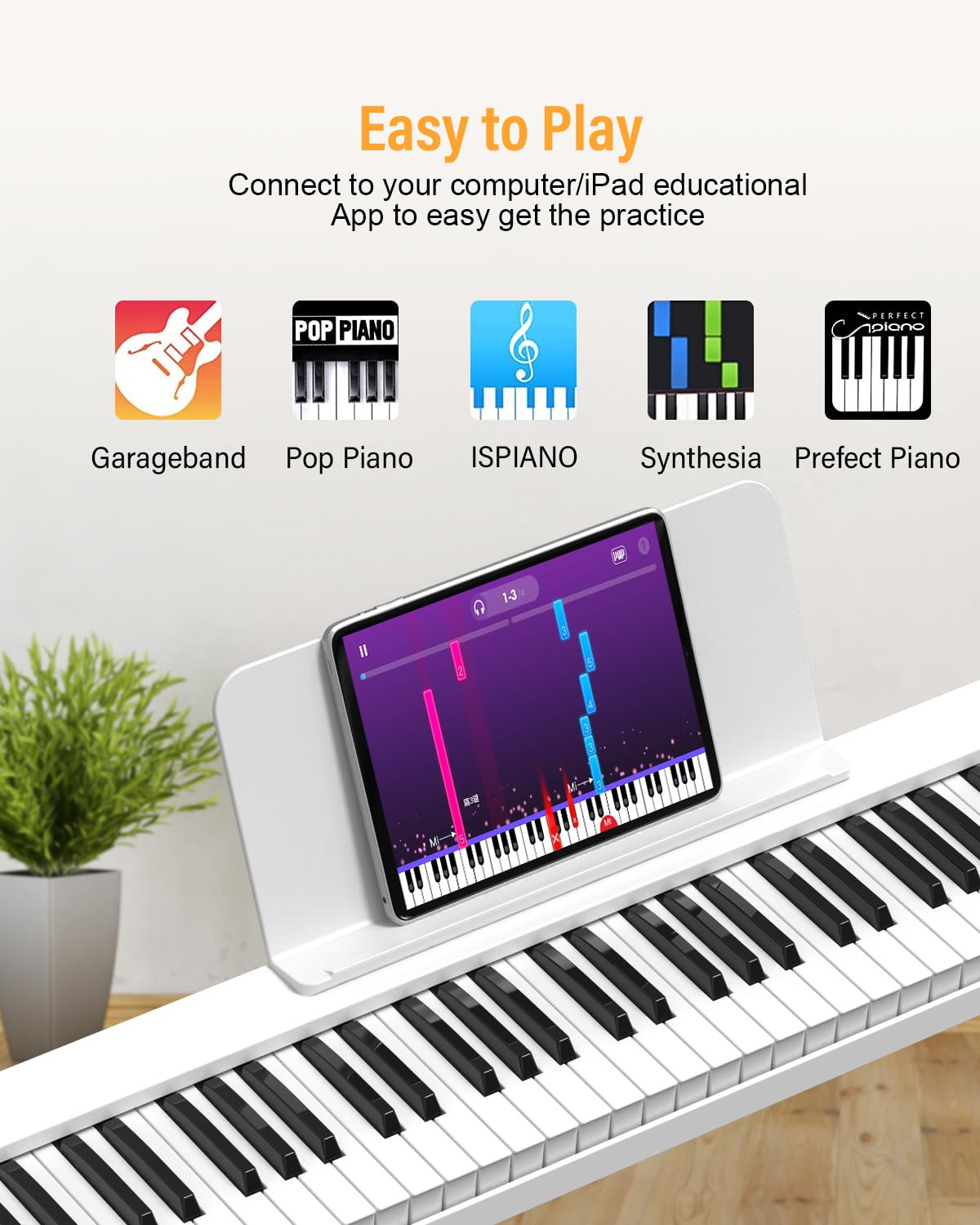 Piano digital de 88 teclas, teclas semipesadas, sensibles al tacto, con soporte X y Bluetooth MIDI, perfecto para práctica en casa, ahorro de espacio y amigable con los vecinos, incluye pedal de