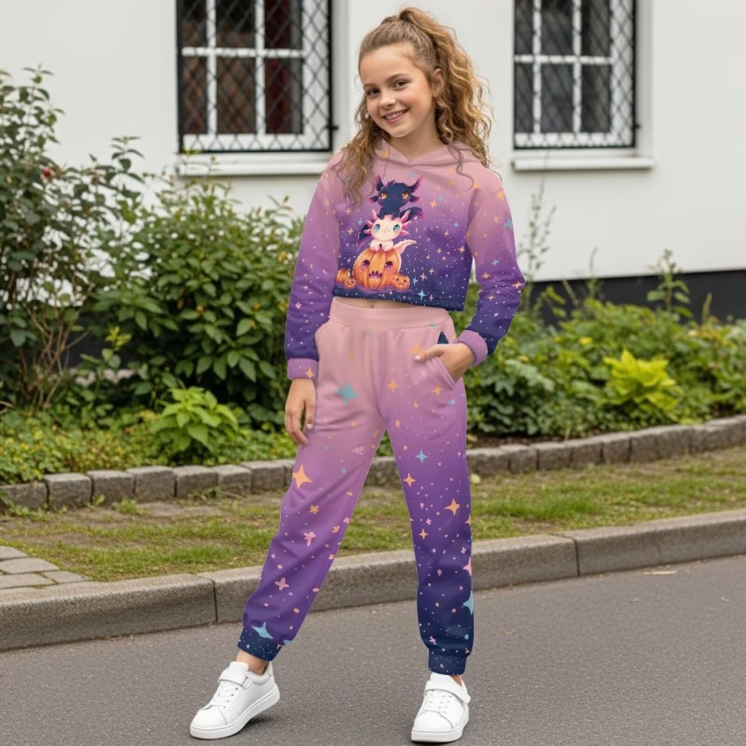 Xpyiqun Tracksuits Size 4-13 Years Hoodies for Girls 2 Piece Outfits Set Kids Crop Sweatshirt and Sweatpants