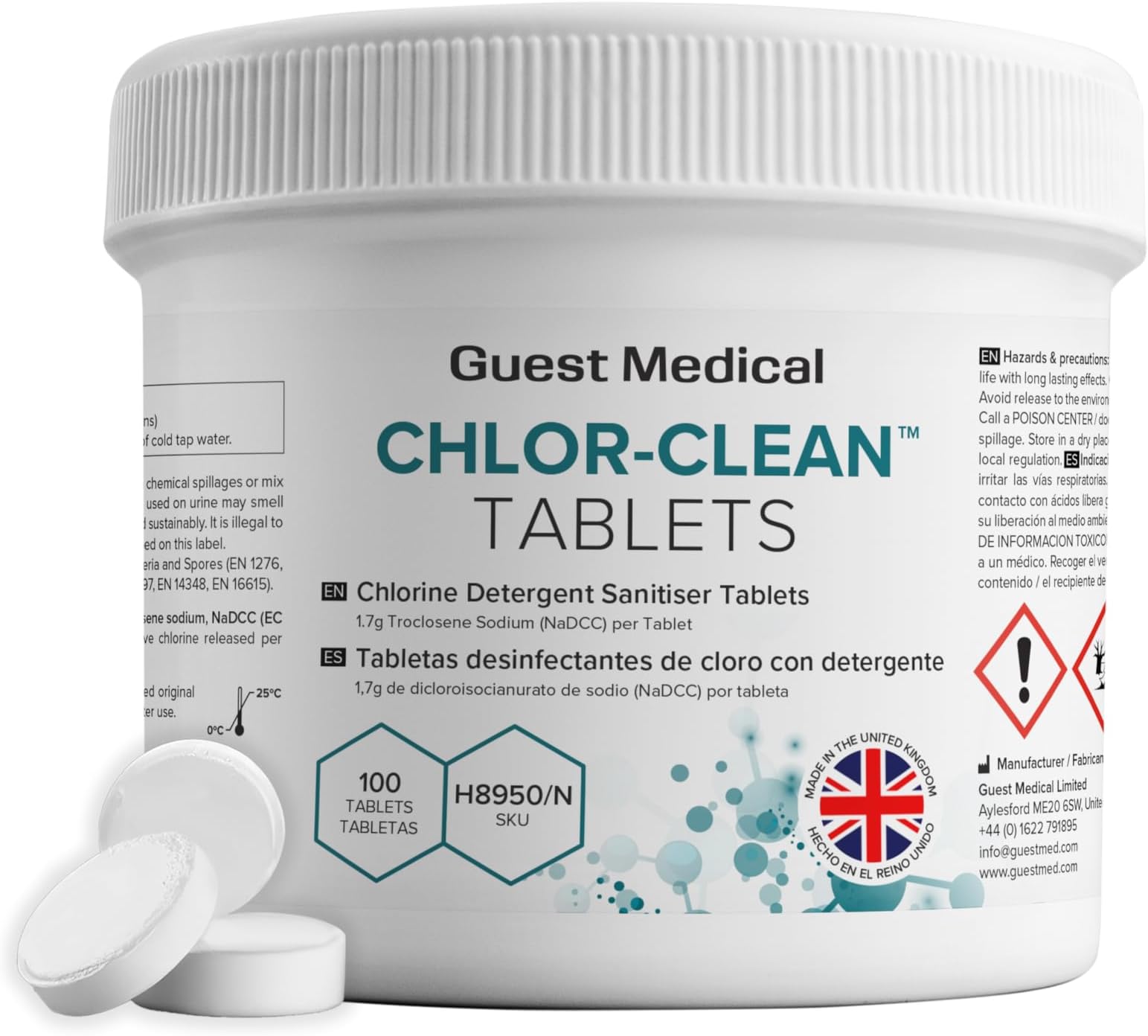 Chlorine Detergent Sanitiser Tablets, 3.25g Tablets, 1.7g NaDCC per Tablet, Single Tub of 100 Tablets