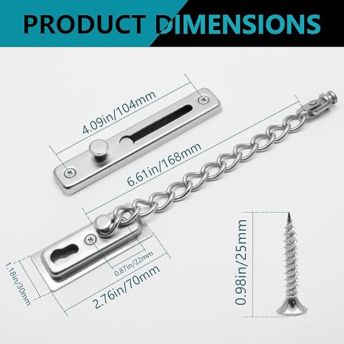 Miniatura 9 de Paquete de 2 cerraduras de cadena de puerta con resorte, protector de cadena de seguridad de acero inoxidable, cerradura de prensa antirrobo para